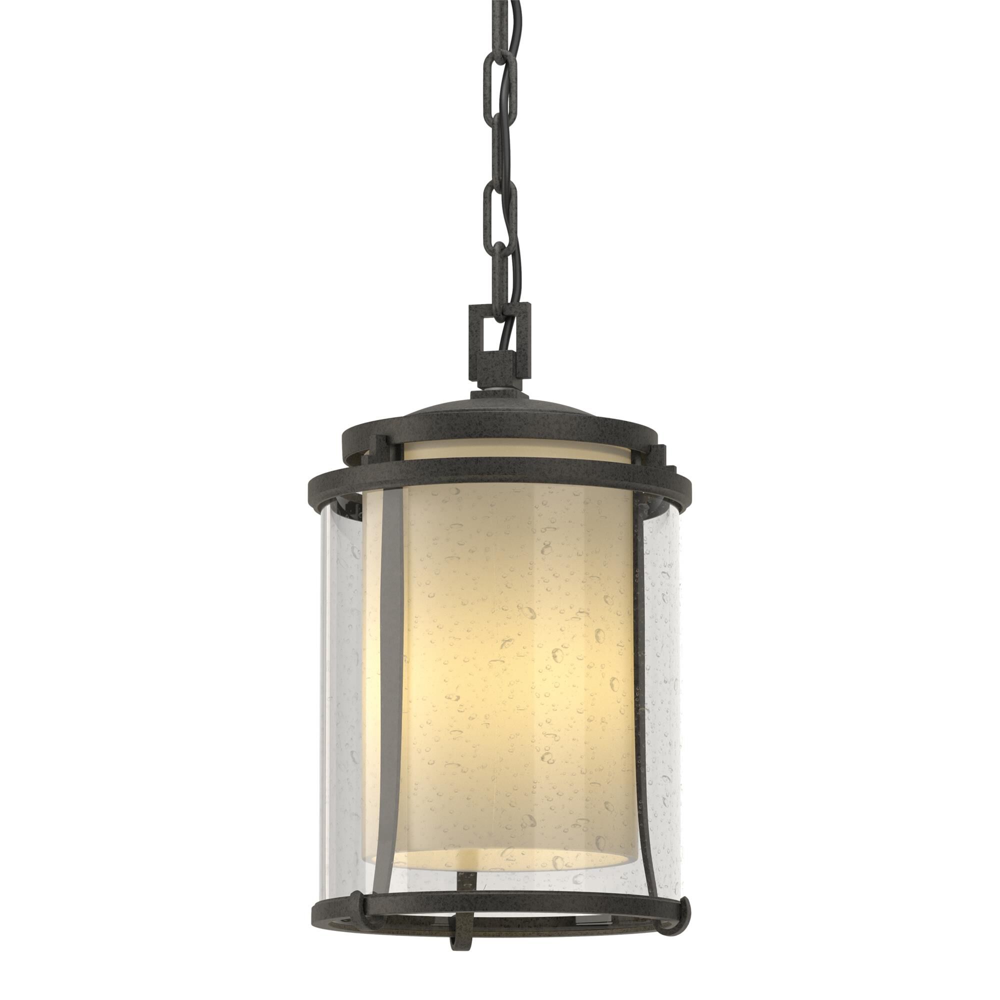 Shown in Natural Iron finish and Clear Seeded with Opal glass