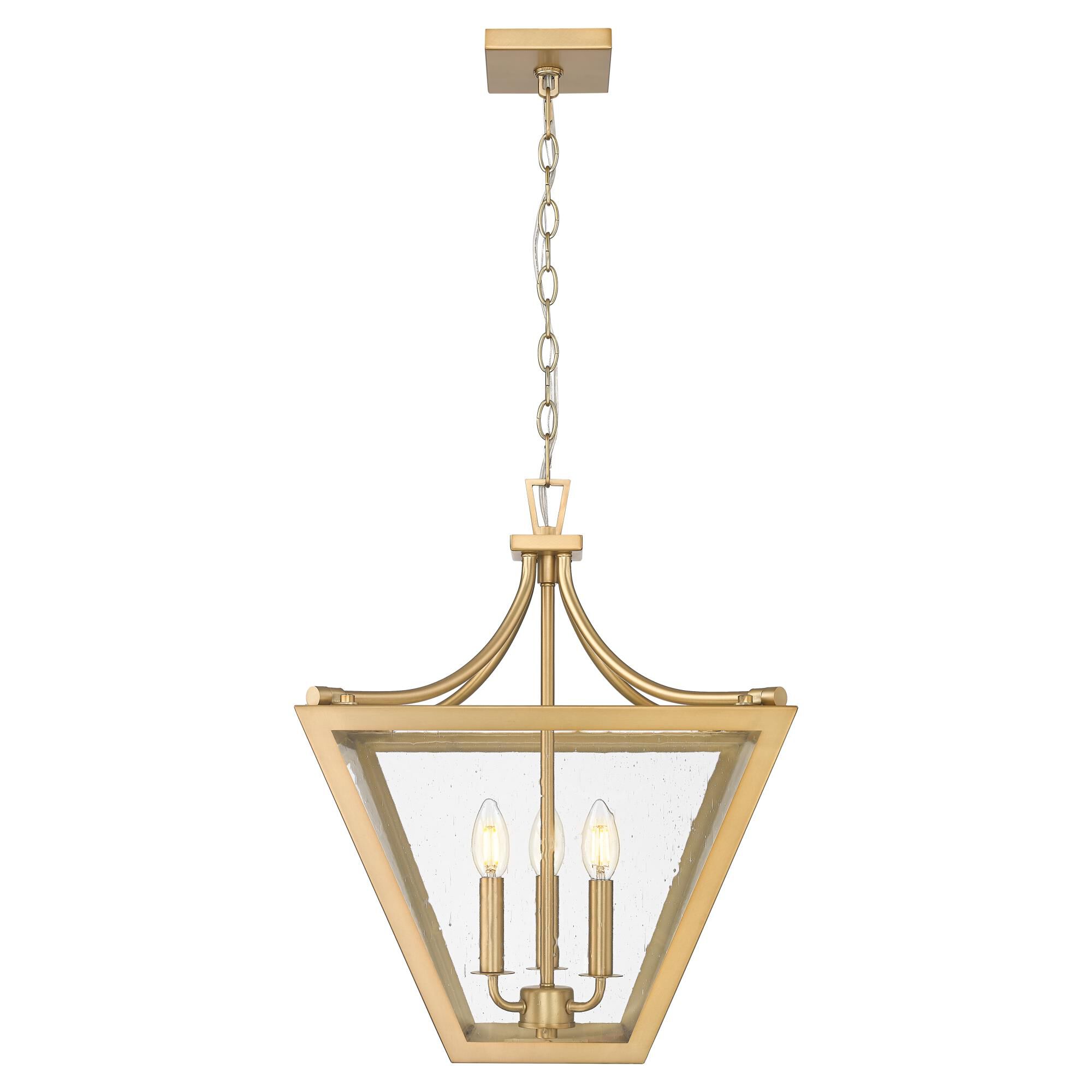 Shown in Rubbed Brass finish and Clear Seedy glass