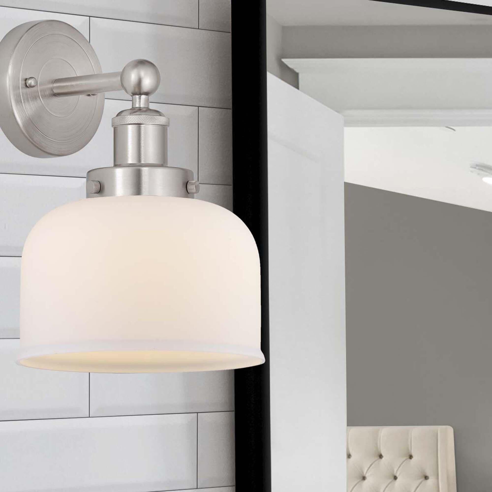 Shown in Brushed Satin Nickel  finish and Matte White glass