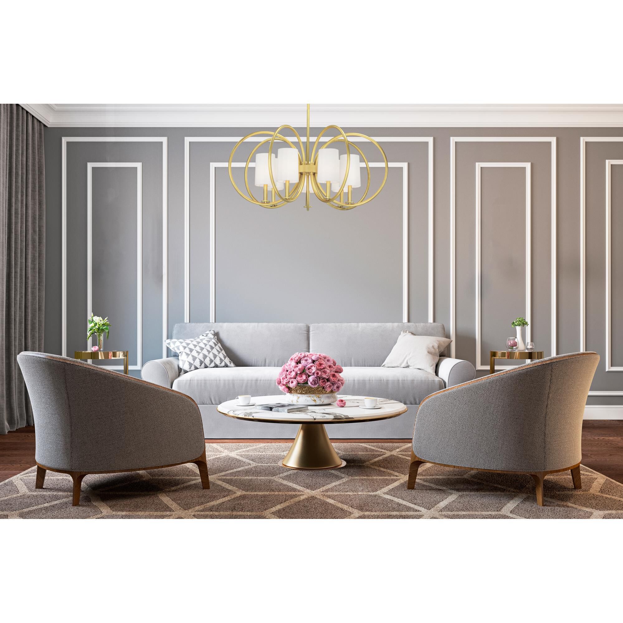 Shown in Natural Aged Brass finish and Fabric shade