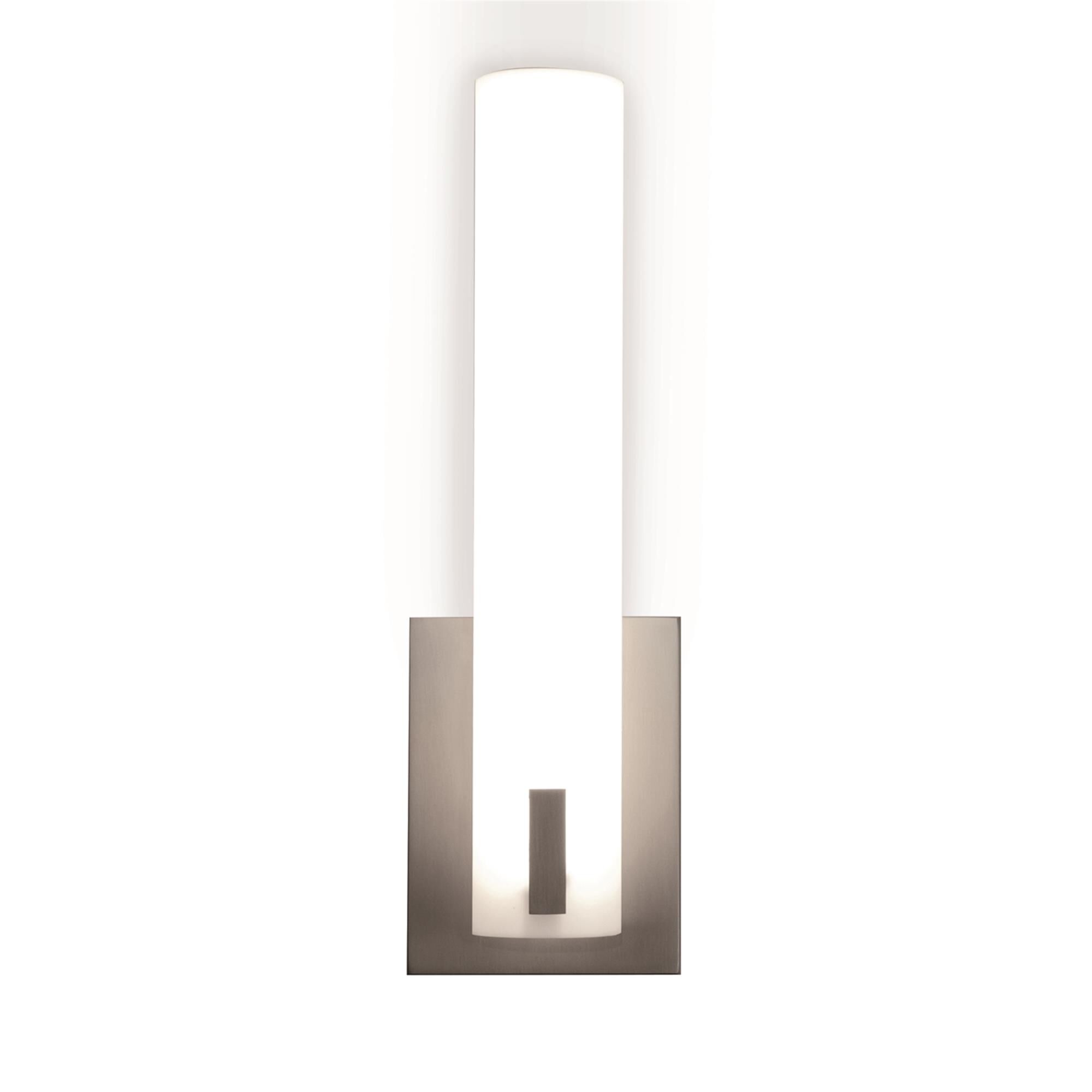 Shown in Satin Nickel finish and White Acrylic glass and 120 Volt Dimmer accent
