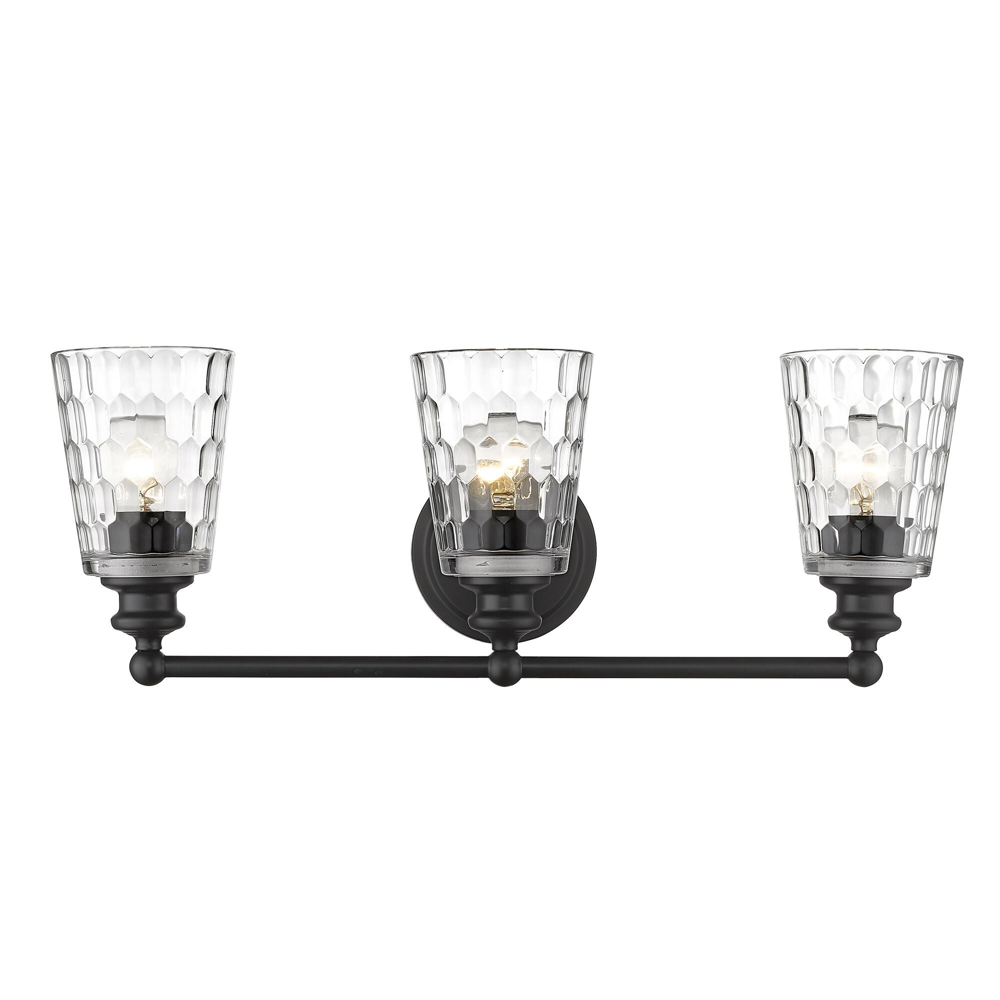 Shown in Matte Black finish and Clear glass and Clear, Optic Cone Shaped Glass shade