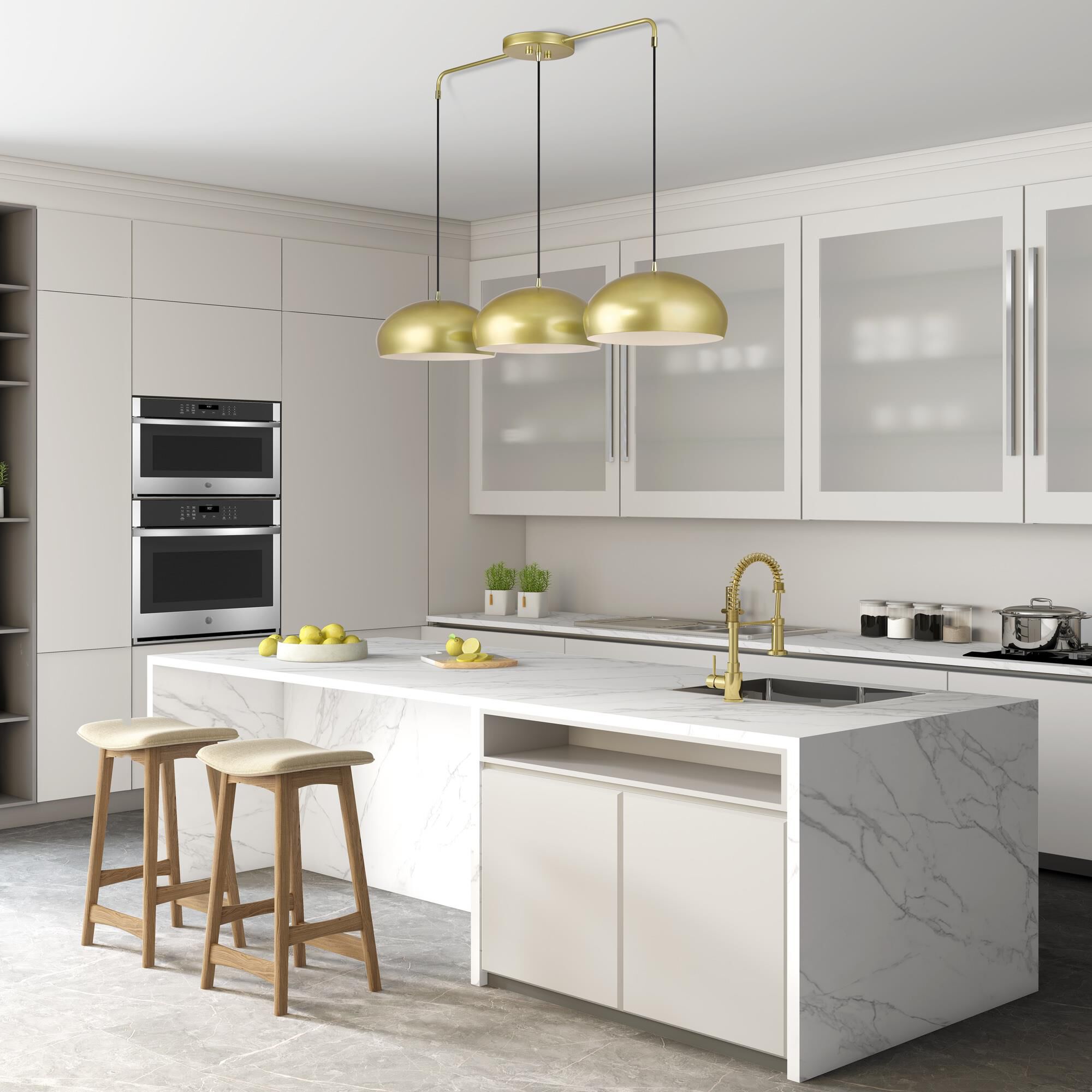 Shown in Soft Gold with Polished Brass Accents finish and Soft Gold Steel with Shiny White Inside shade