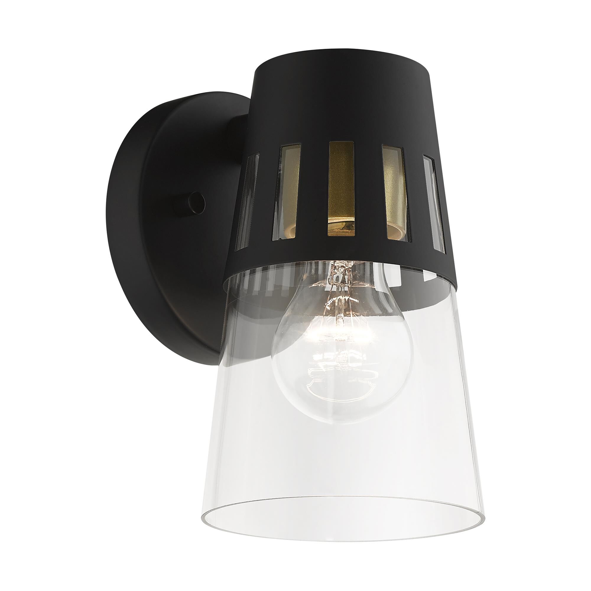 Shown in Black with Soft Gold Accents finish and Hand Blown Clear  glass