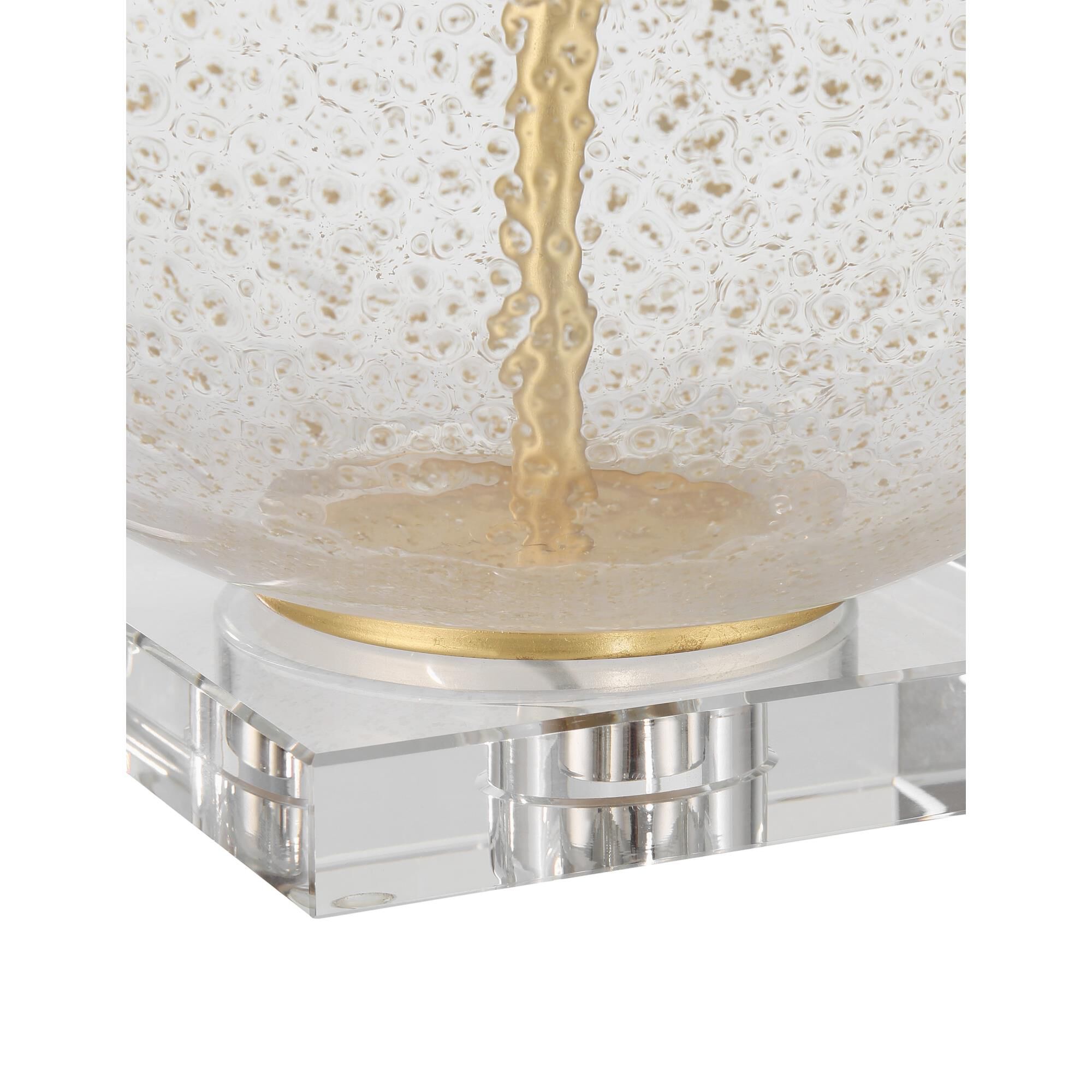 Shown in Clear with Gold Speckles and Contemporary Gold Leaf finish and Beige Polyester/Gold Fabric Lining shade