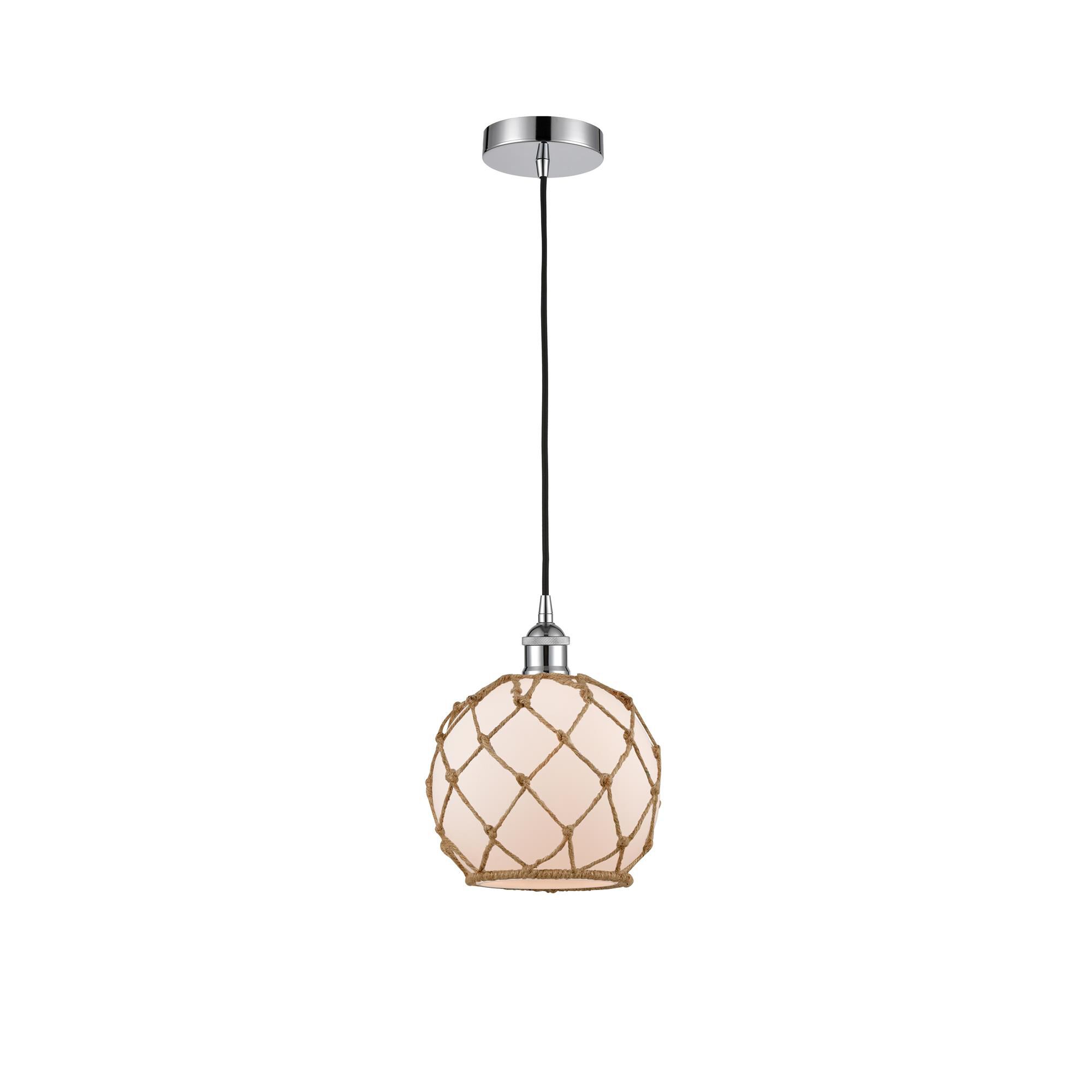 Shown in Polished Chrome finish and White Farmhouse With Brown Rope glass