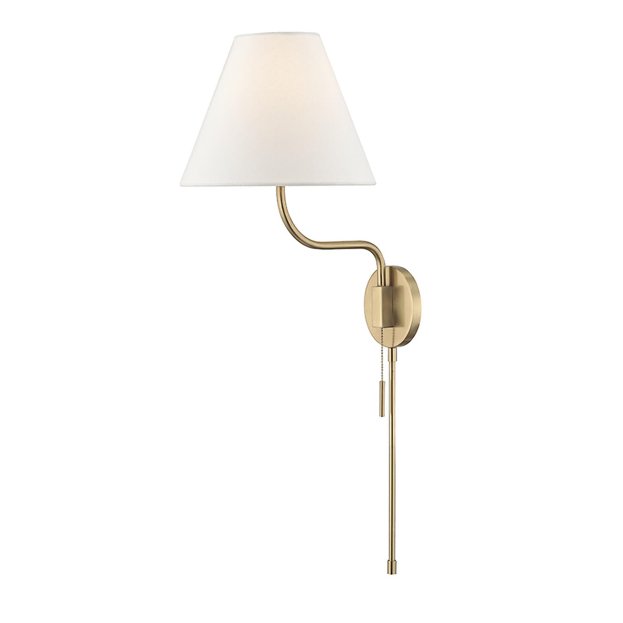 Shown in Aged Brass finish and White Linen shade