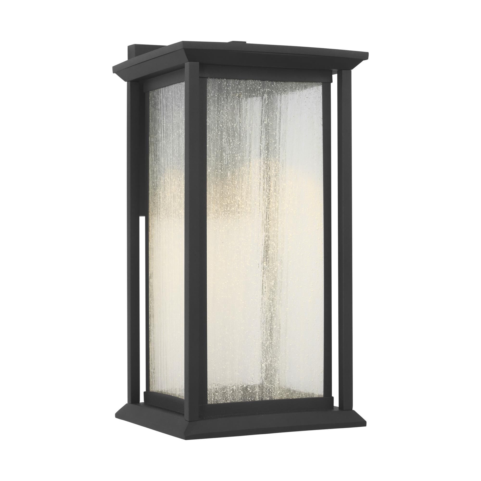 Shown in Textured Black finish and Distressed Seeded Glass Panels shade