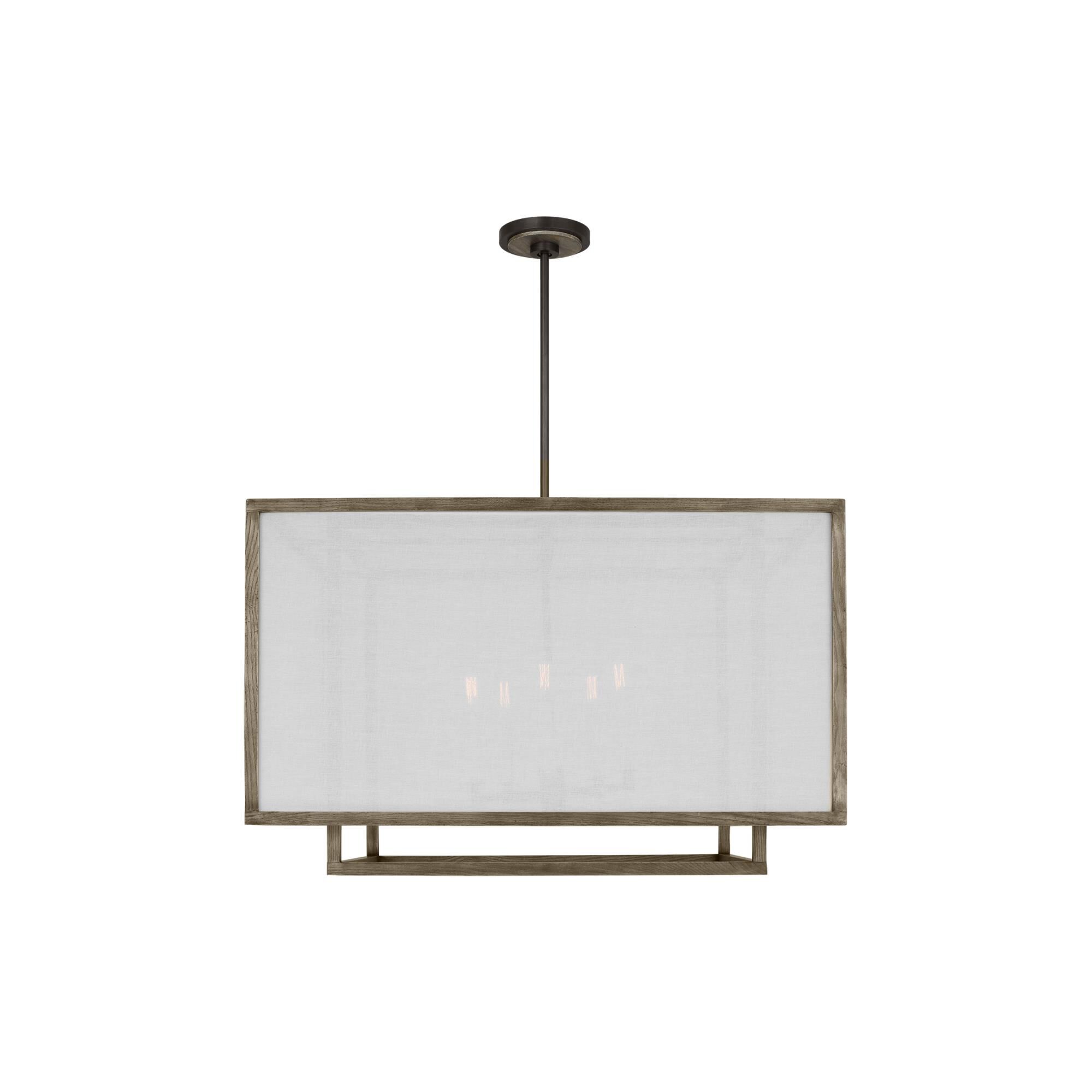 Shown in Weathered Oak Wood finish and White Linen Fabric s shade