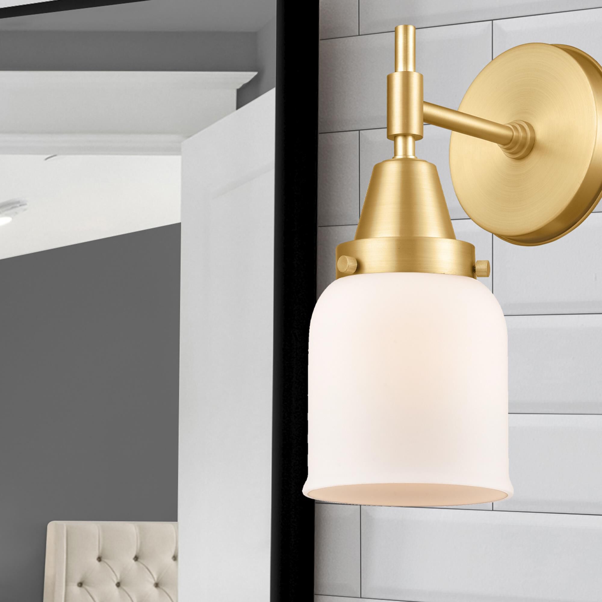 Shown in Satin Gold finish and Matte White Cased Small Bell glass
