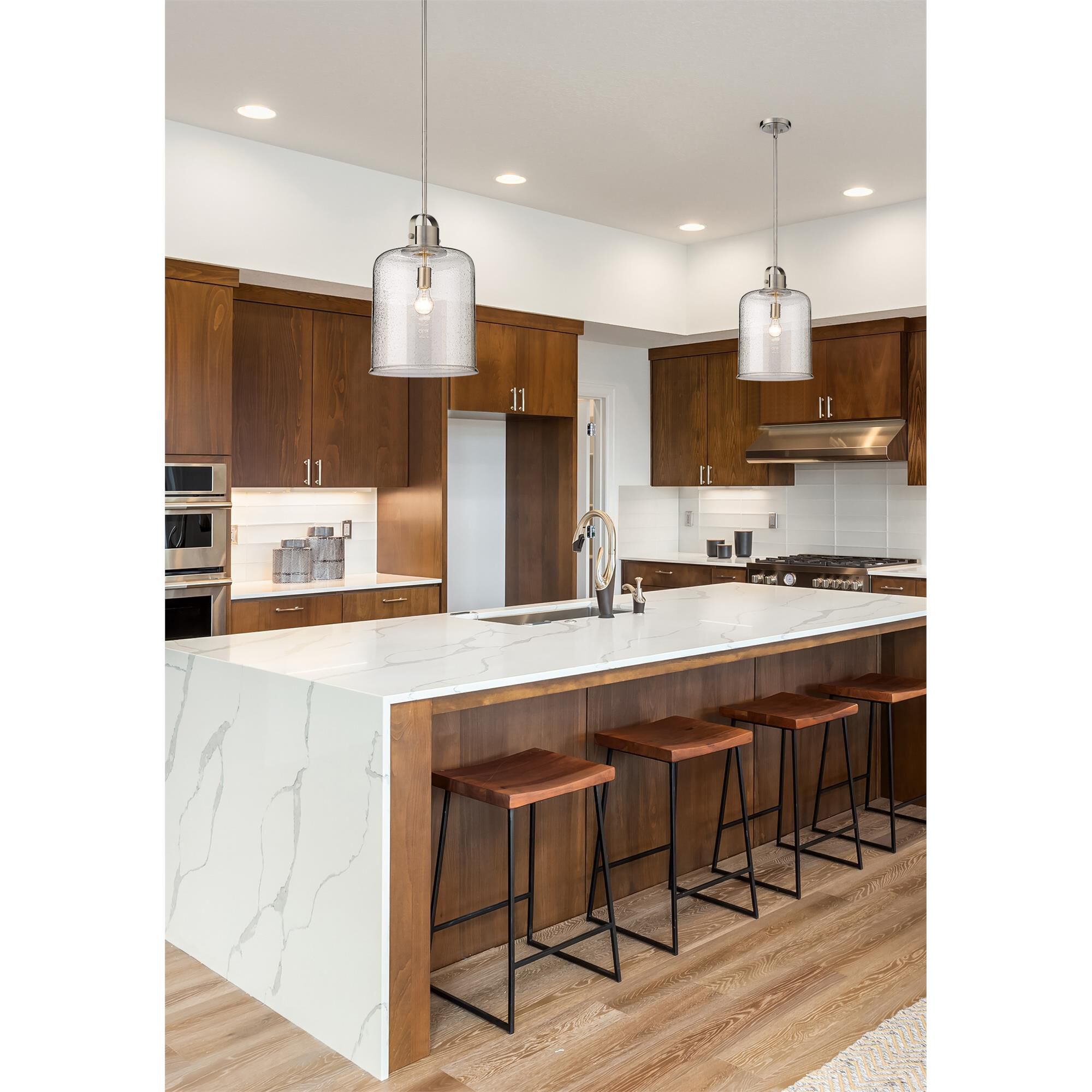 Shown in Brushed Nickel finish and Clear Seeded glass and No Shade shade