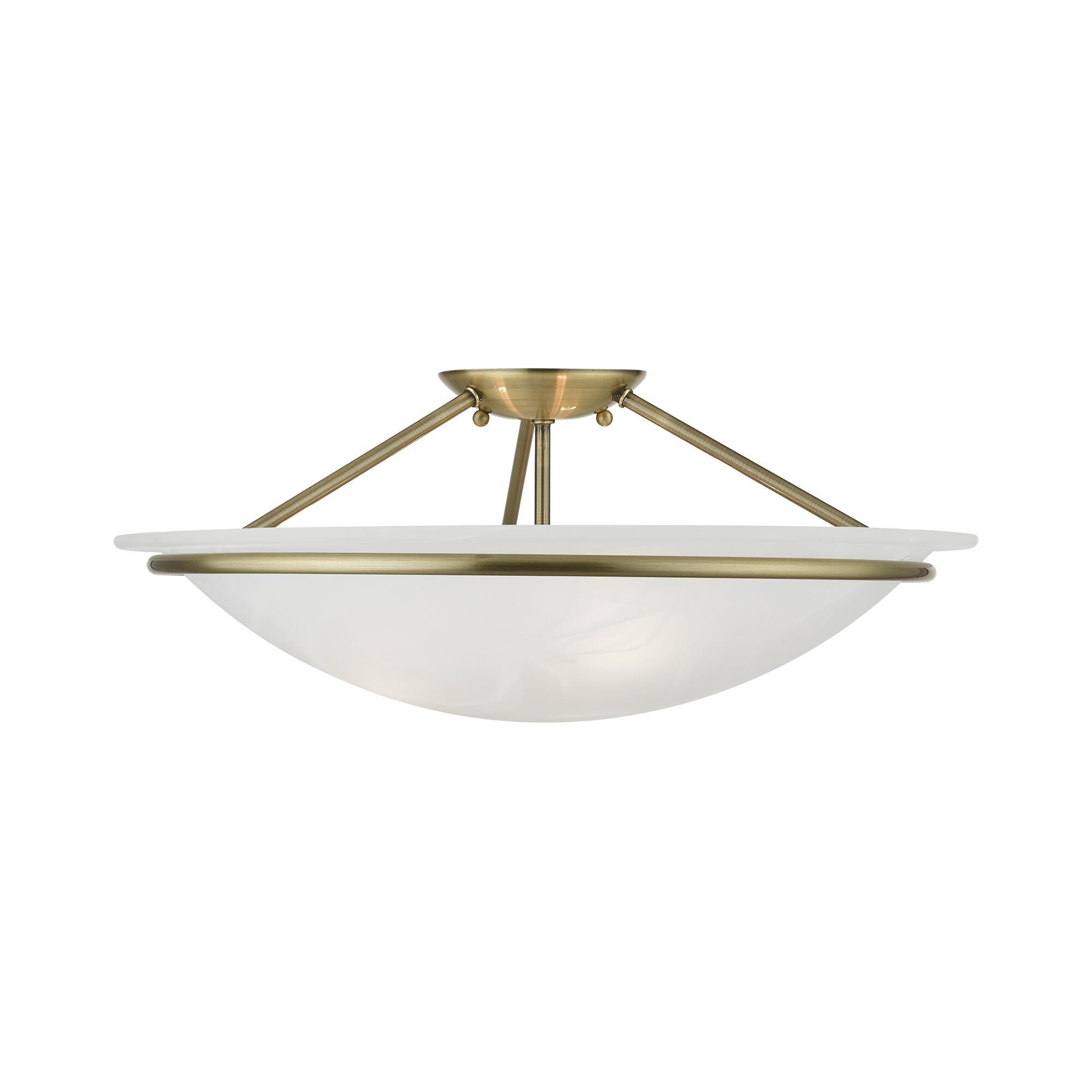 Shown in Antique Brass finish and White Alabaster glass and White Alabaster Glass shade