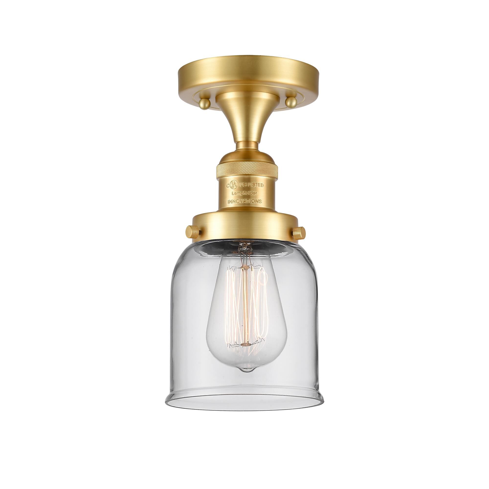 Shown in Satin Gold finish and Clear Small Bell glass