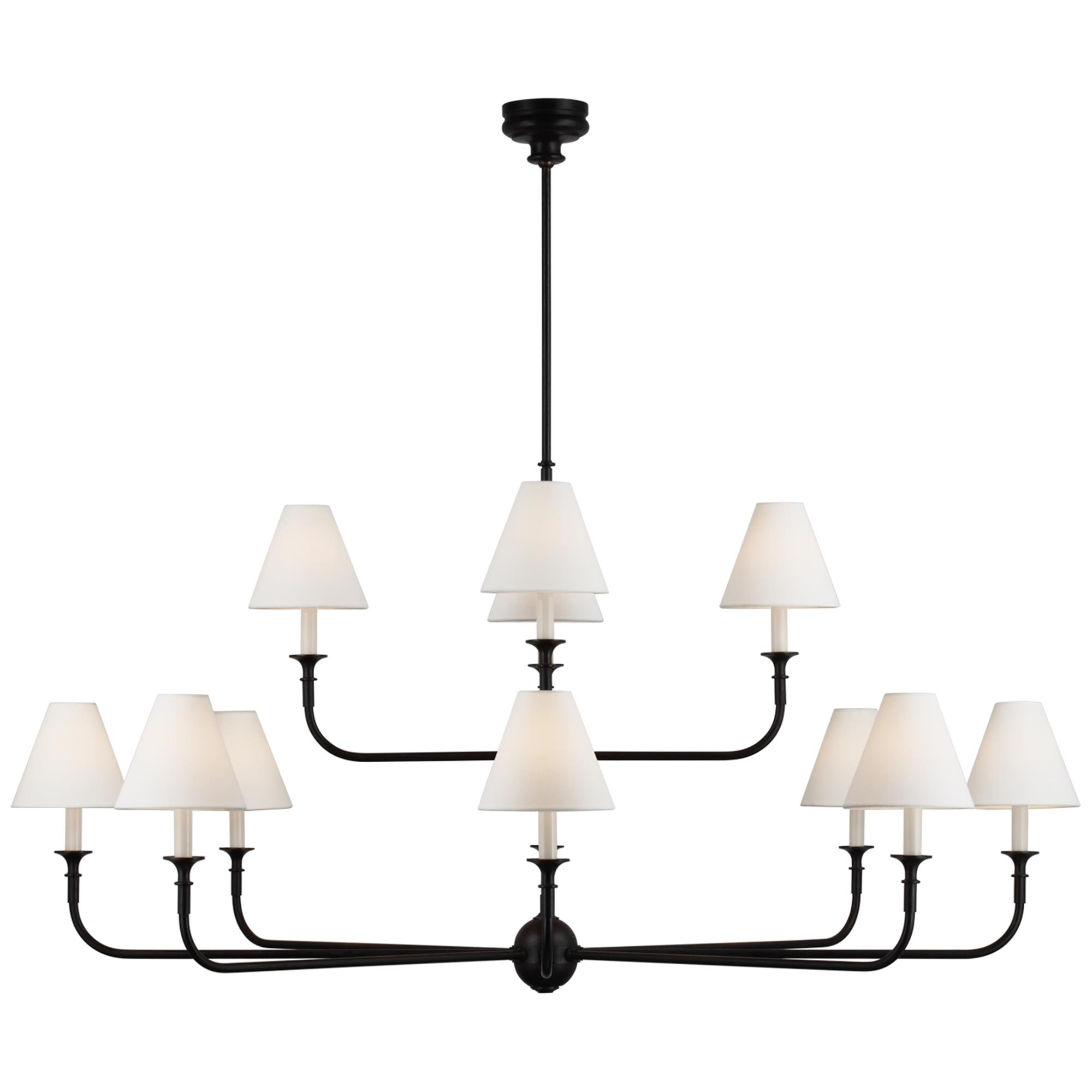 Shown in Aged Iron and Ebonized Oak finish and Linen shade