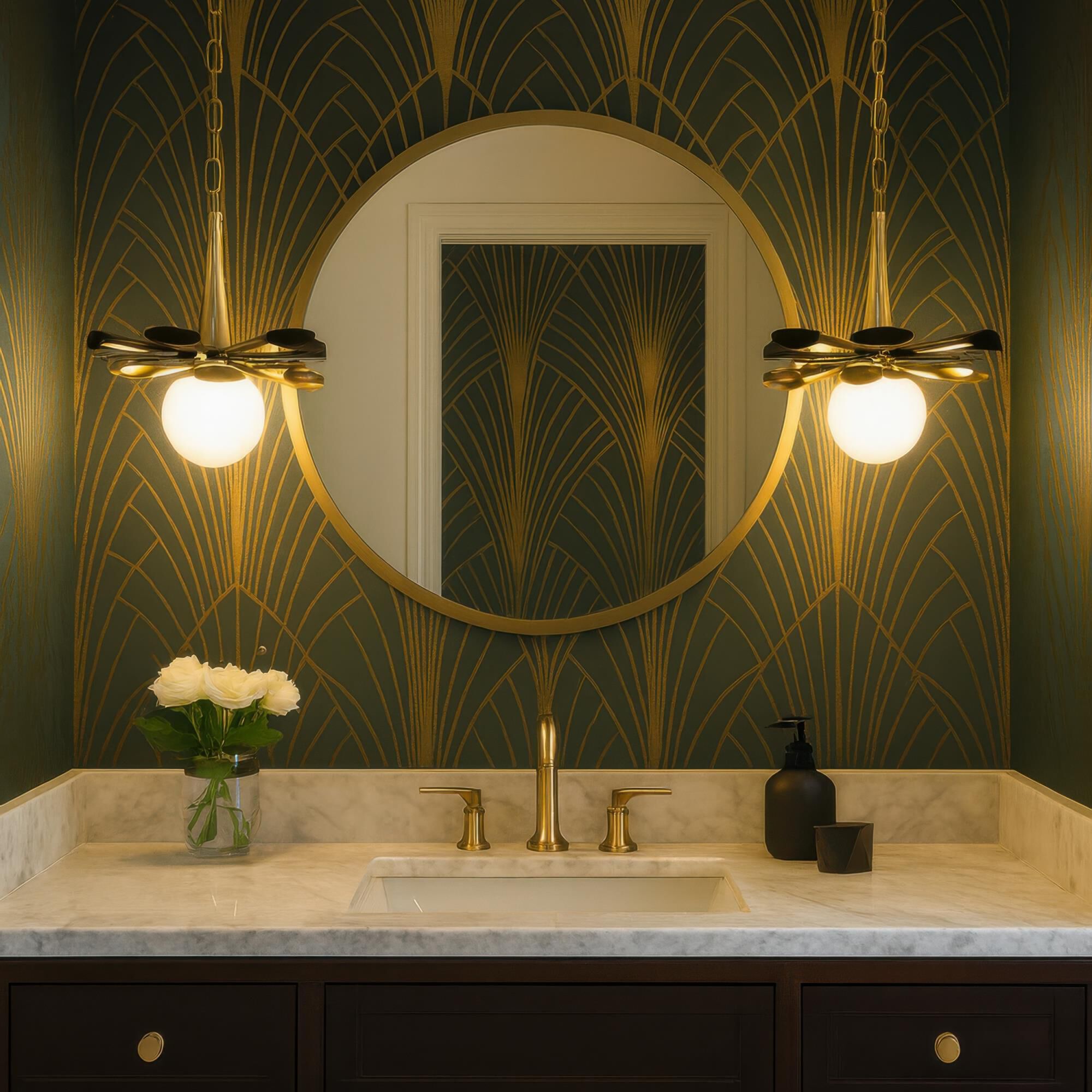 Shown in Black and Gold finish and Frosted Opal White glass