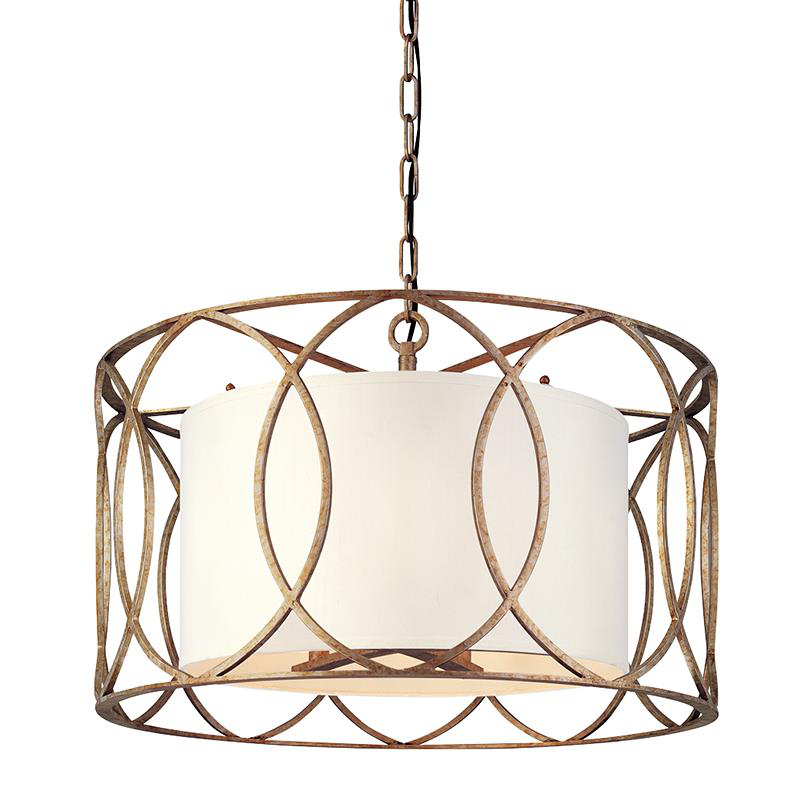 Shown in Silver Gold finish and White glass and Hardback Linen shade