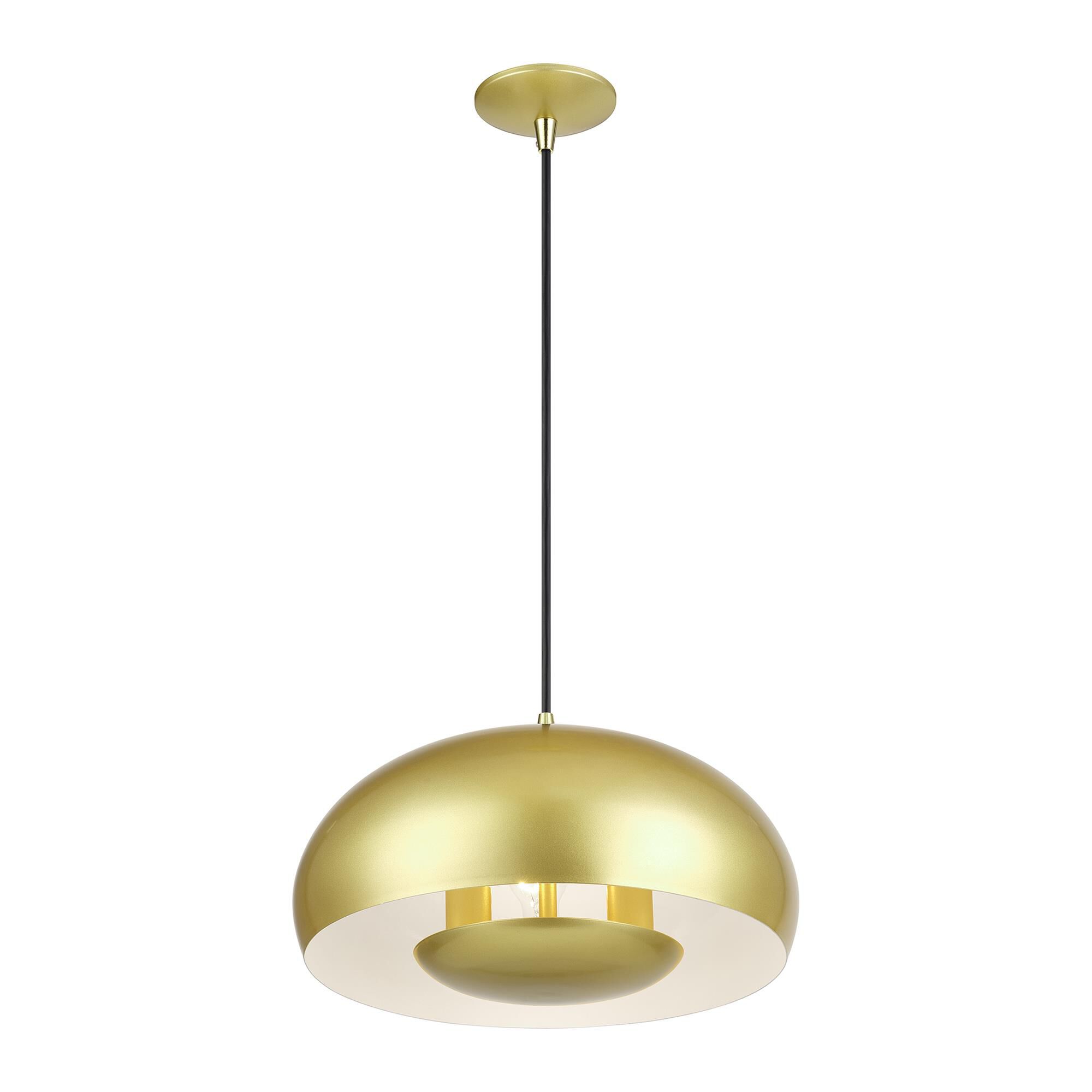 Shown in Soft Gold with Polished Brass Accents finish and Soft Gold Steel with Shiny White Inside shade