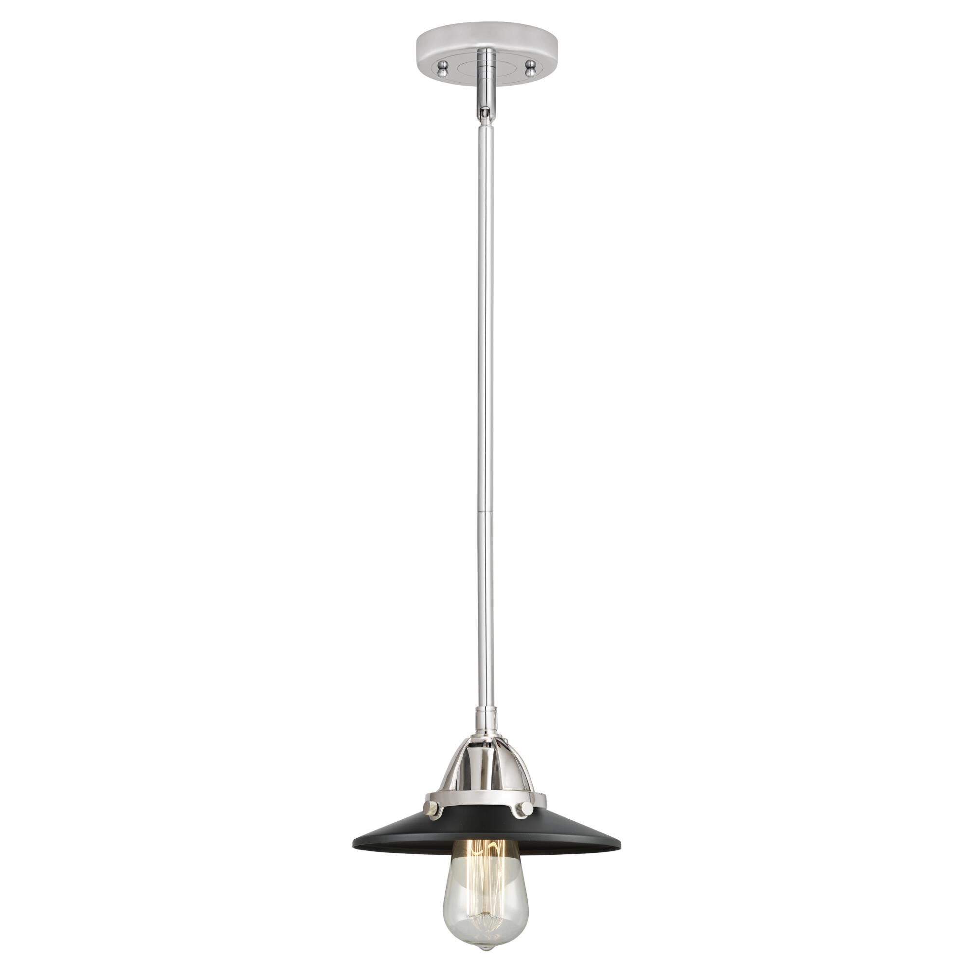 Shown in Polished Chrome finish and No Glass glass and Matte Black Railroad shade