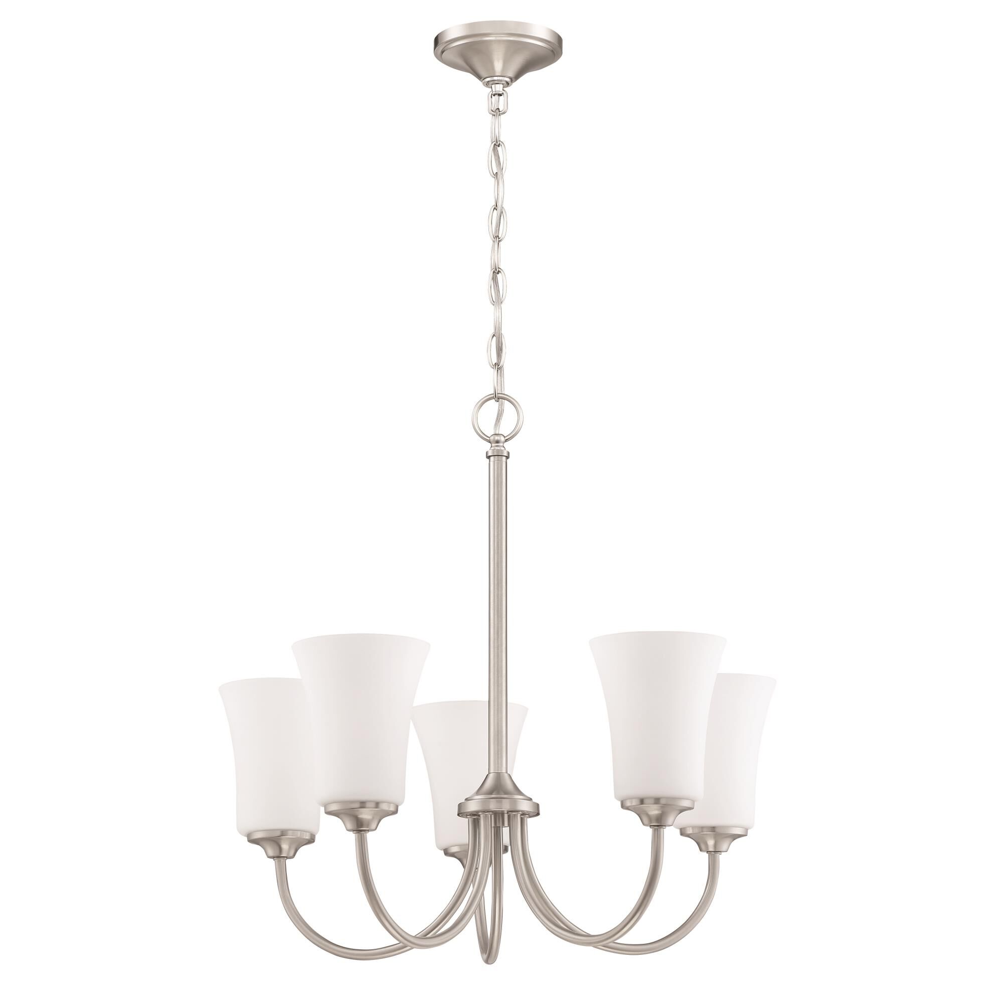 Shown in Brushed Polished Nickel finish and White Frosted glass and Glass shade