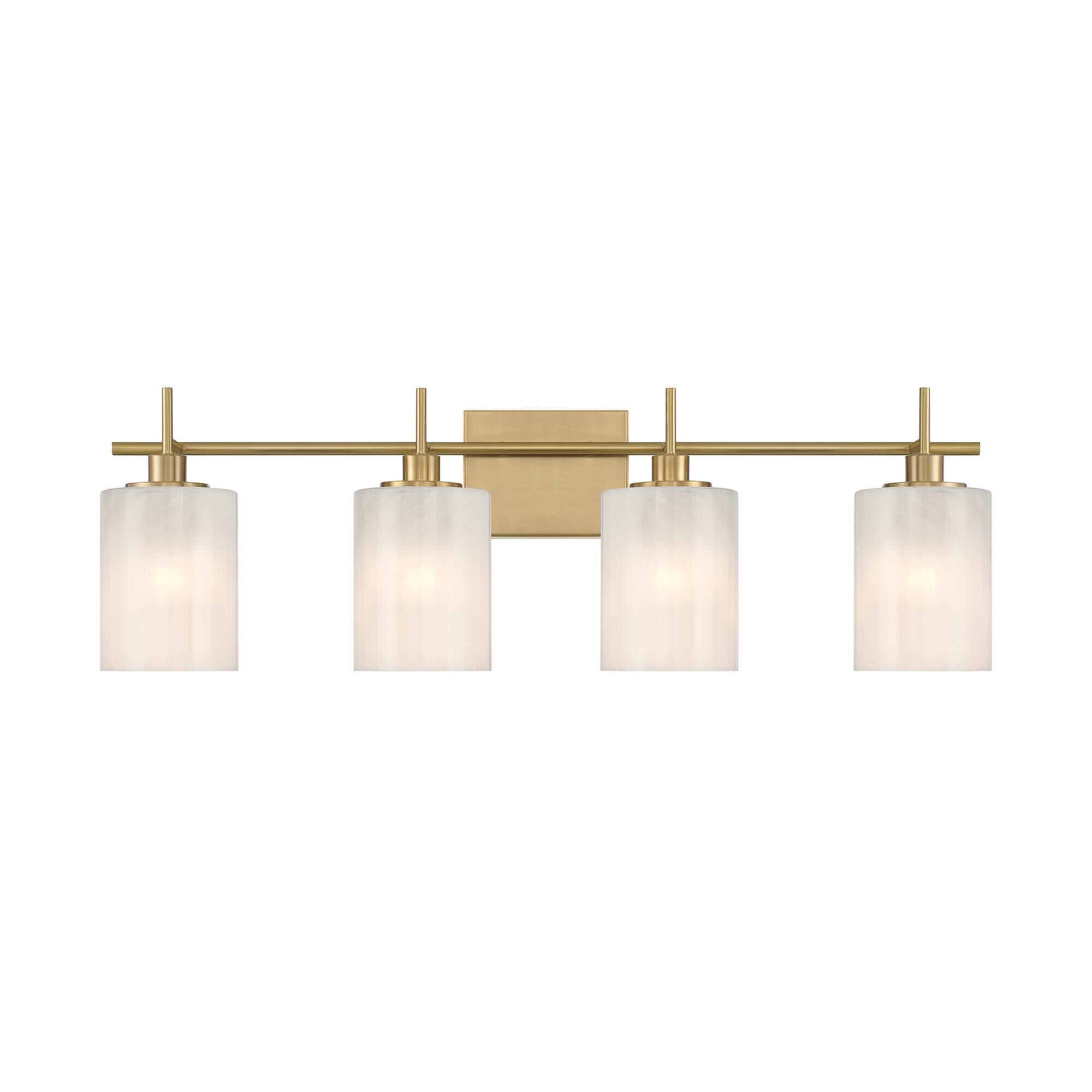 Shown in Natural Brass finish and White Strie glass and Glass shade