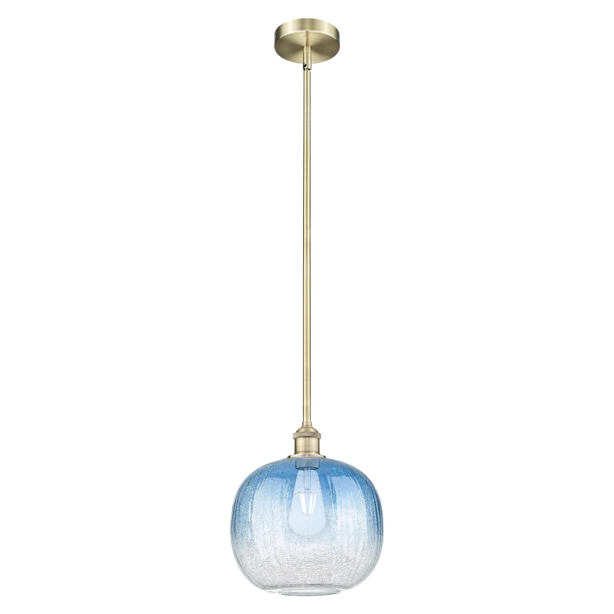 Shown in Antique Brass finish and Sapphire Blue glass