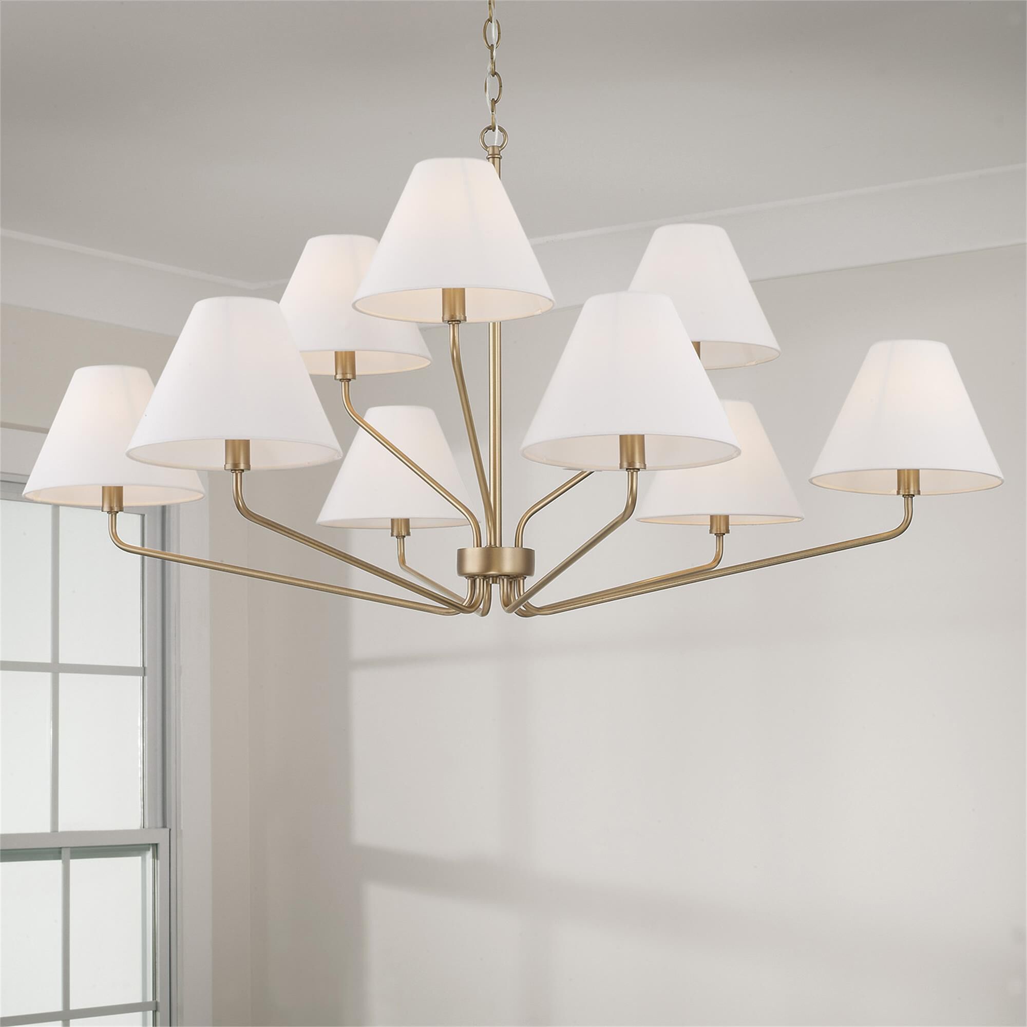 Shown in Aged Brass finish and White Fabric shade