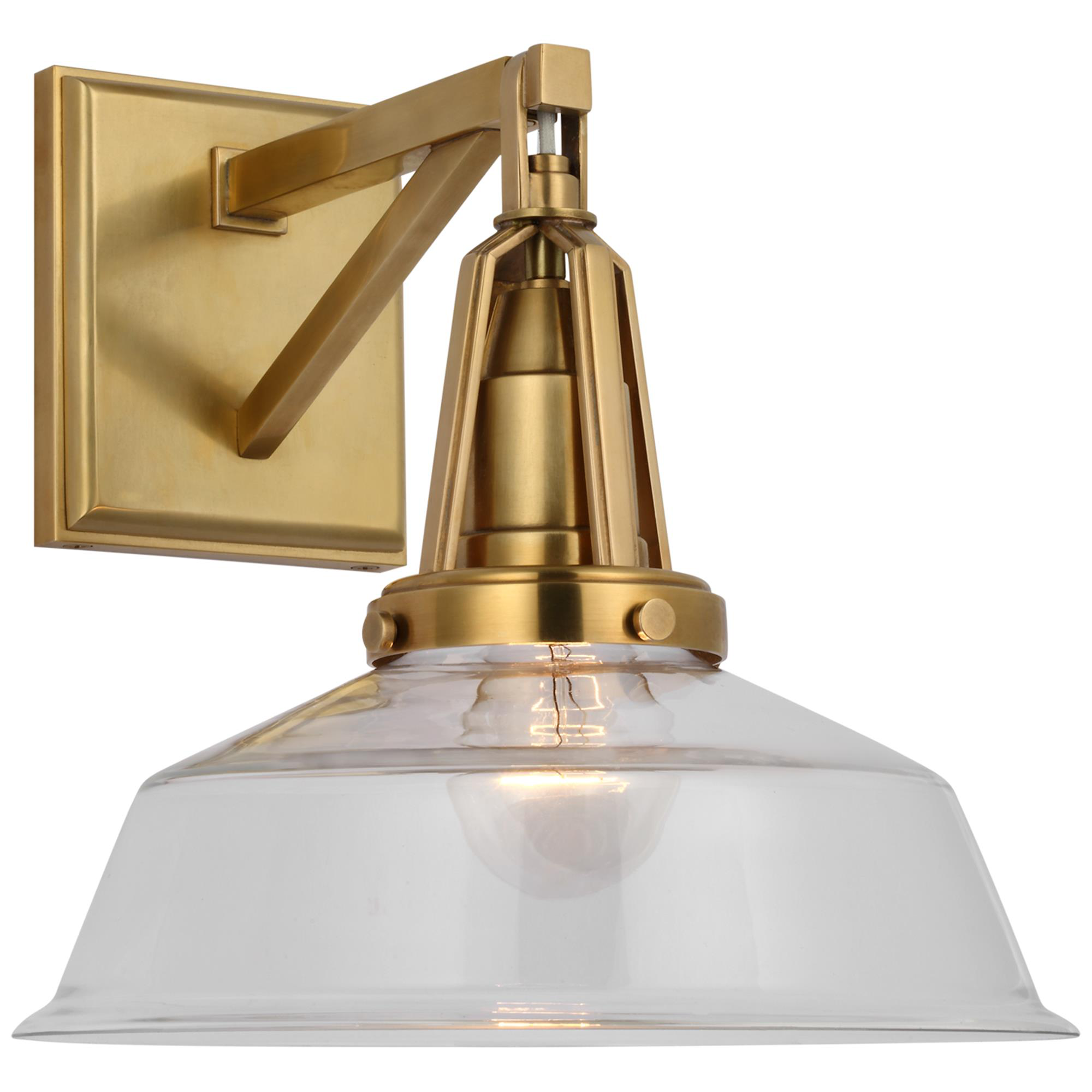 Shown in Antique-Burnished Brass finish and Clear Glass shade