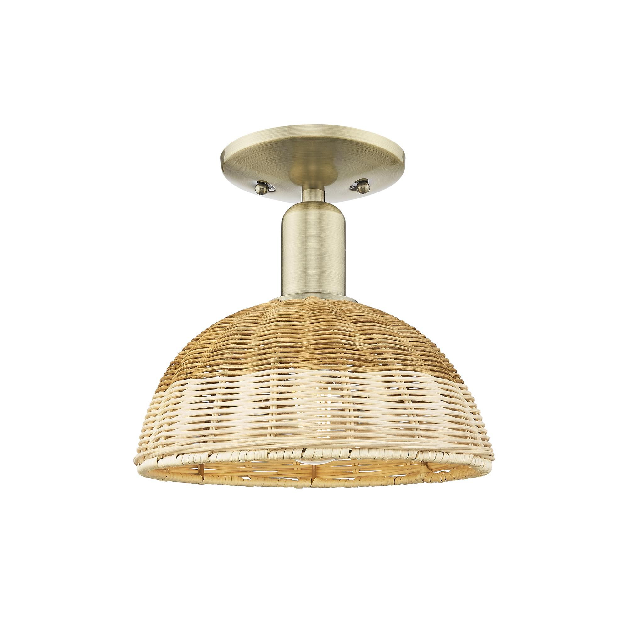 Shown in Antique Brass finish and Natural Fiber shade