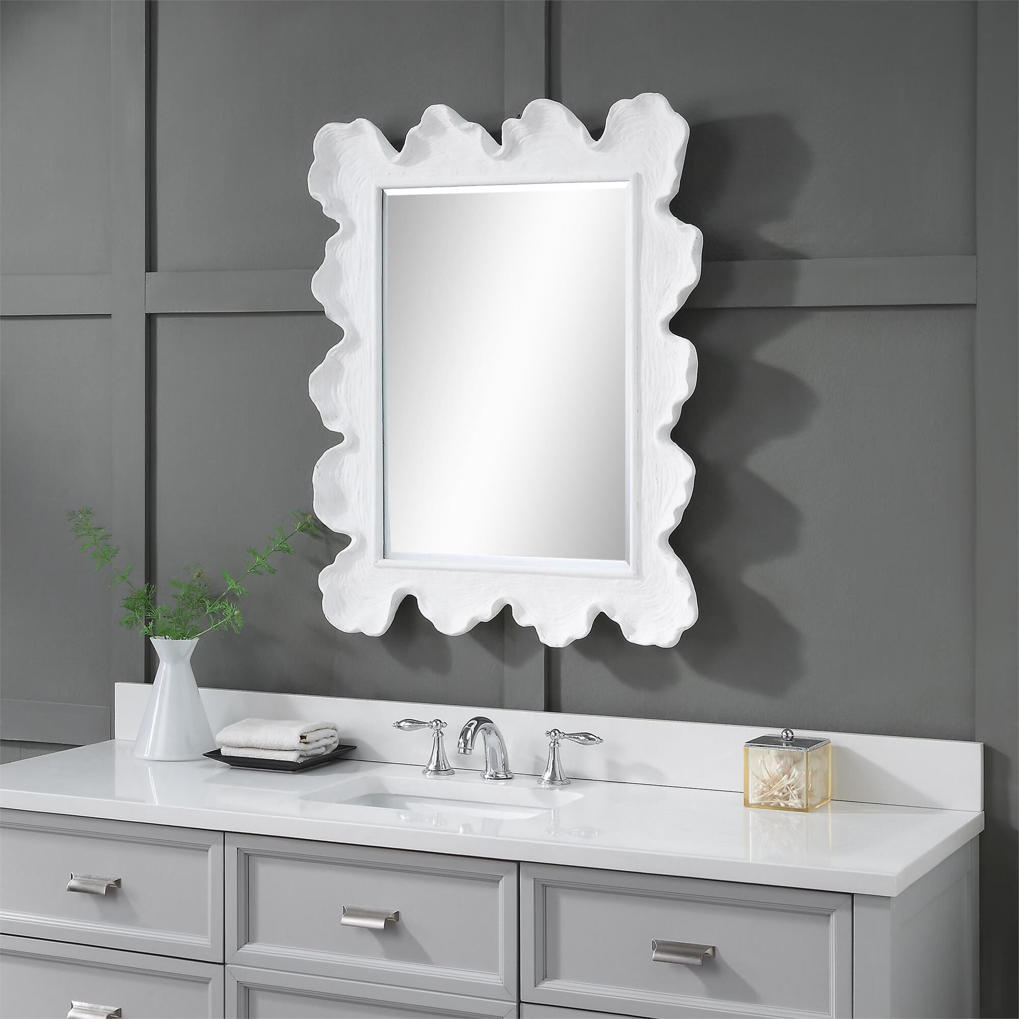 Shown in Reminiscent Of White Coral, This Mirror Showcases A Contemporary Coastal Design. The Organic Shaped  finish