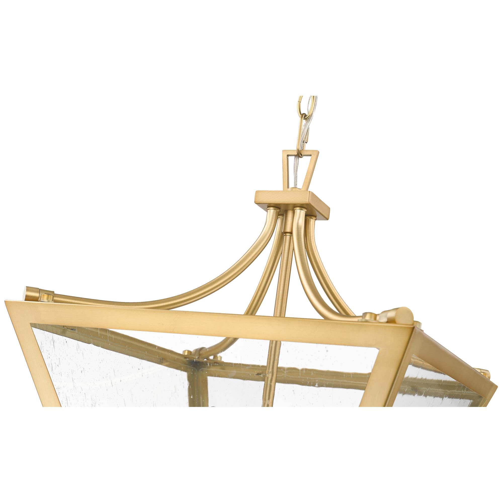 Shown in Rubbed Brass finish and Clear Seedy glass