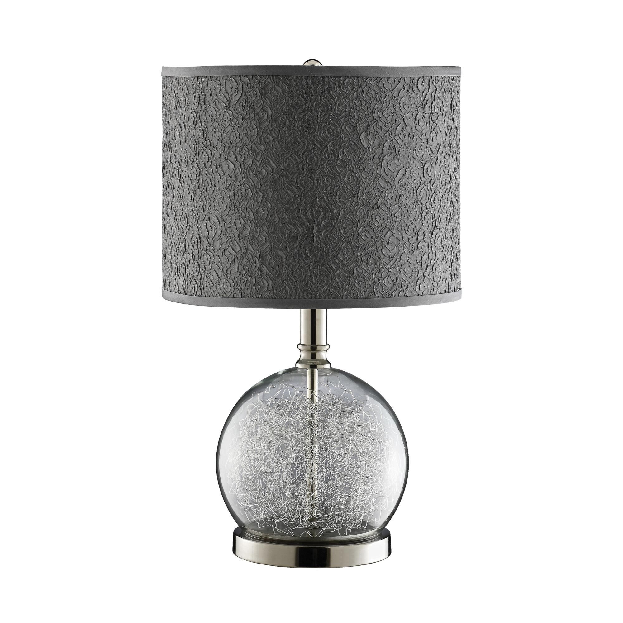 Shown in Clear finish and Wrinkled Gray Faux Silk Shade glass and Wrinkled Gray Faux Silk shade