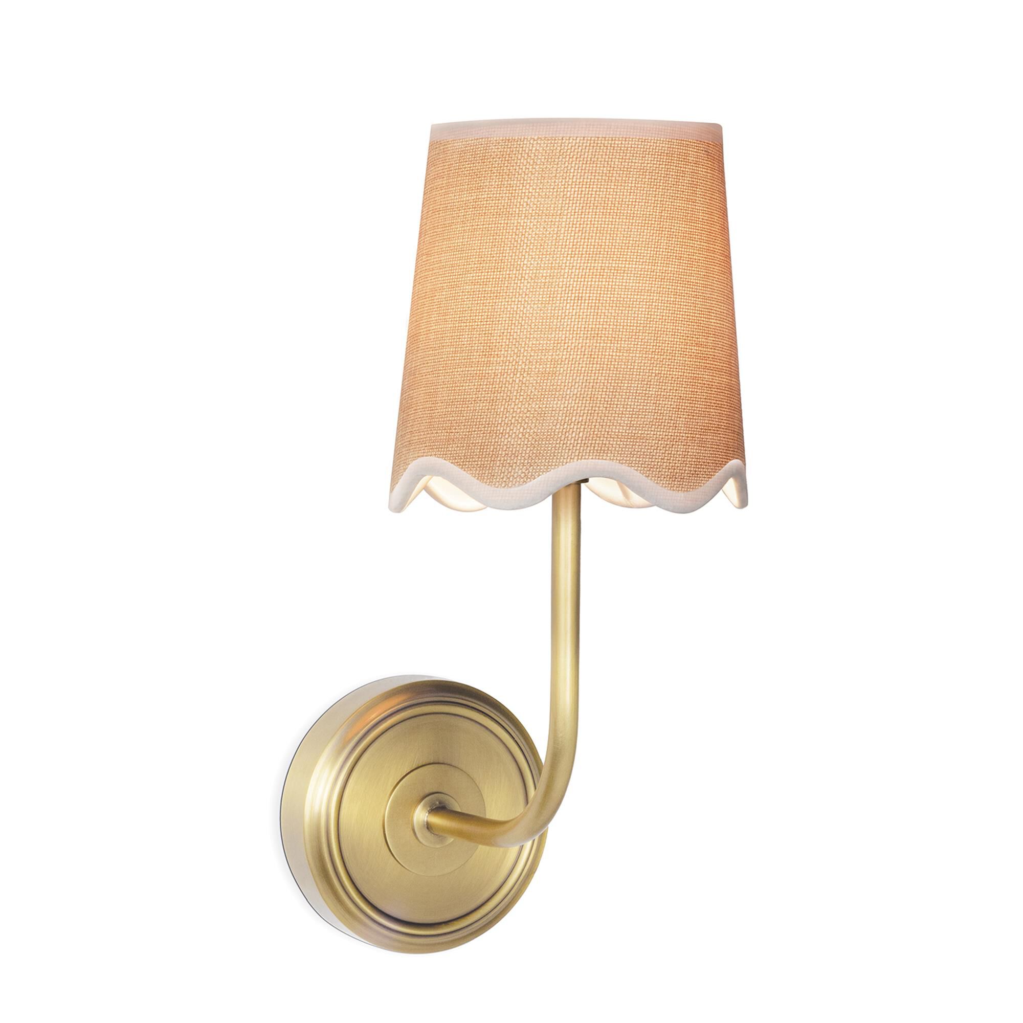 Shown in Natural Brass finish and Linen shade