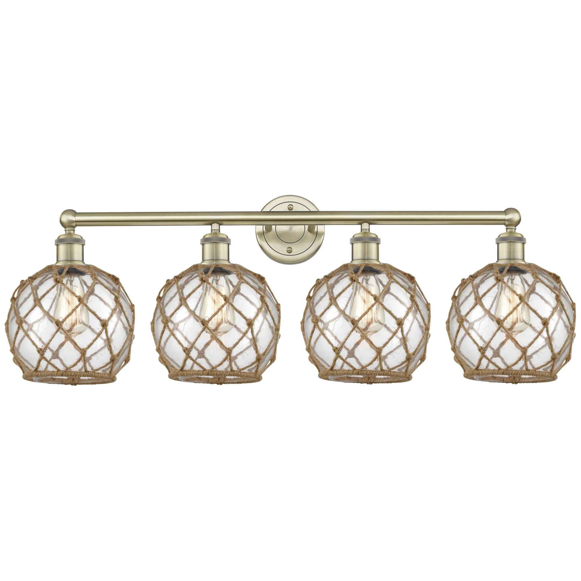 Shown in Antique Brass finish and Clear with Brown Rope glass