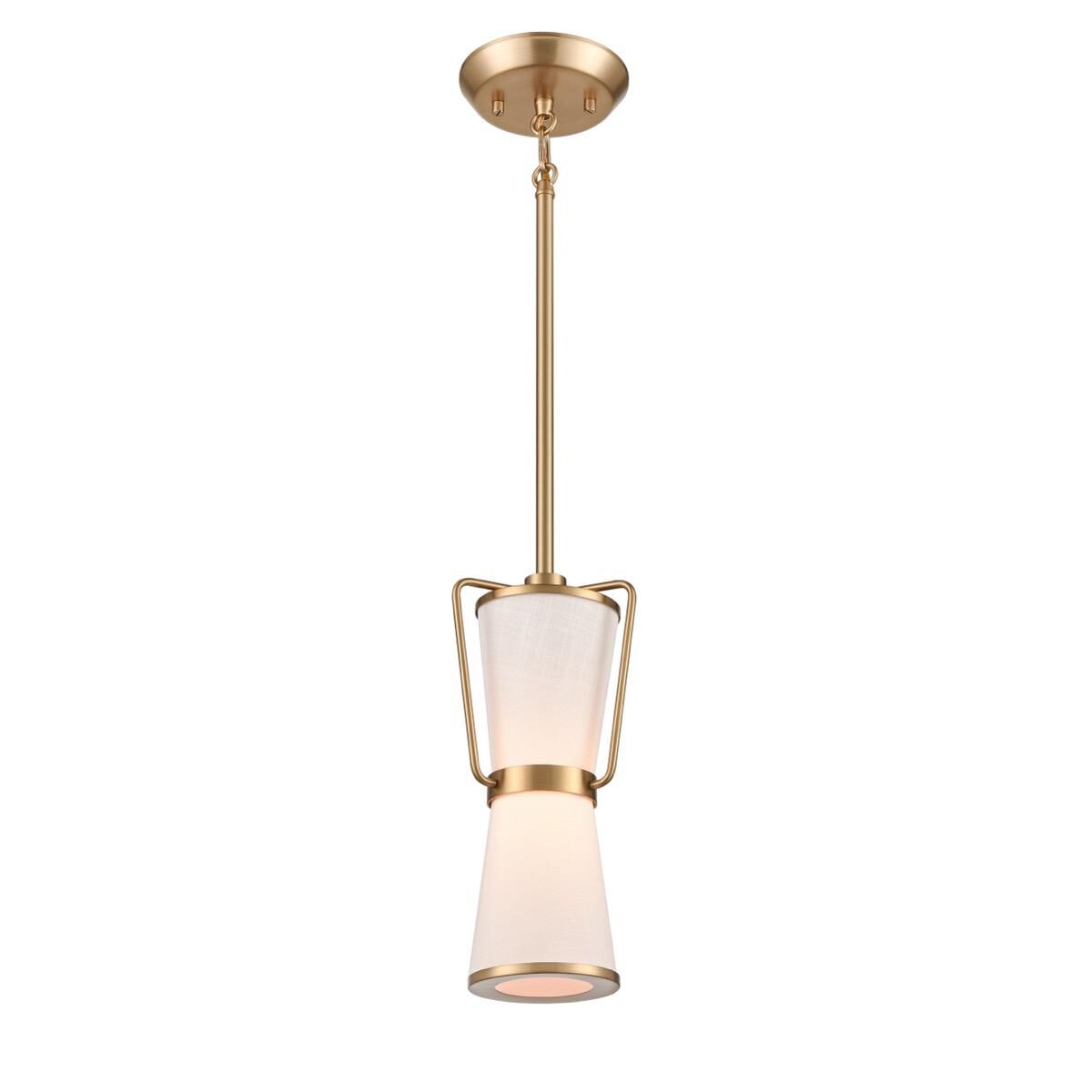 Shown in Brushed Brass finish and Etched glass and White Linen shade