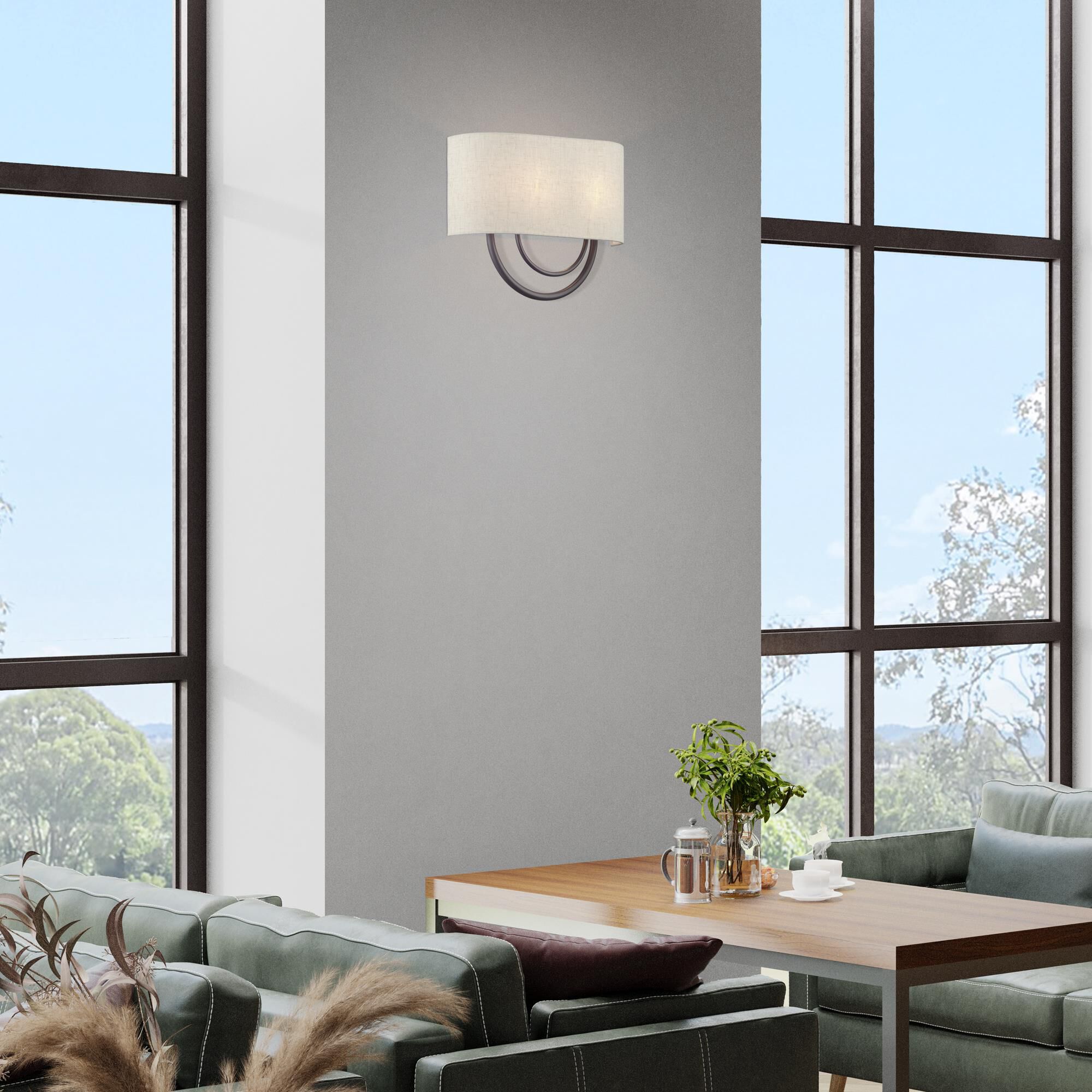 Shown in English Bronze finish and Hand Crafted Oatmeal Color Fabric Hardback with White Fabric Inside shade