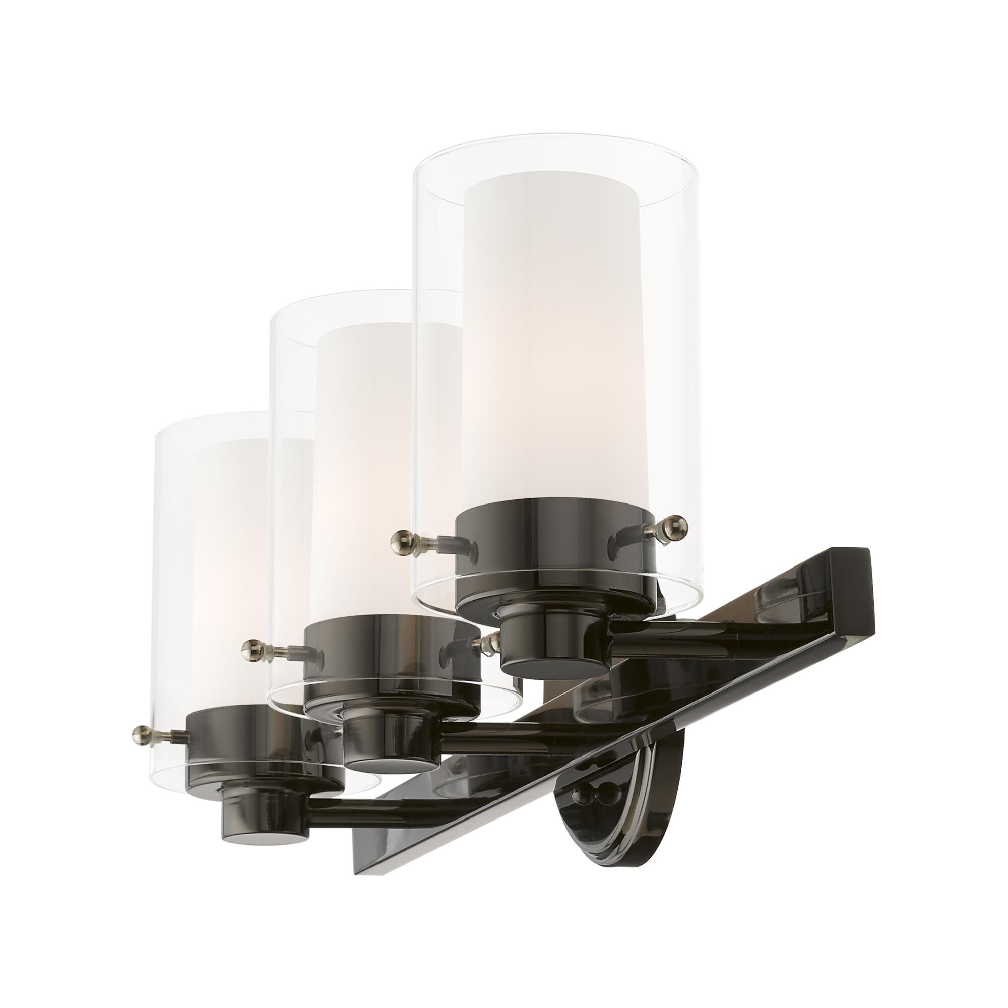 Shown in Polished Black Chrome finish and Hand Blown Clear Outer  & Satin Opal White Inner glass and Hand Blown Clear Outer Glass & Satin Opal White Inner Glass shade