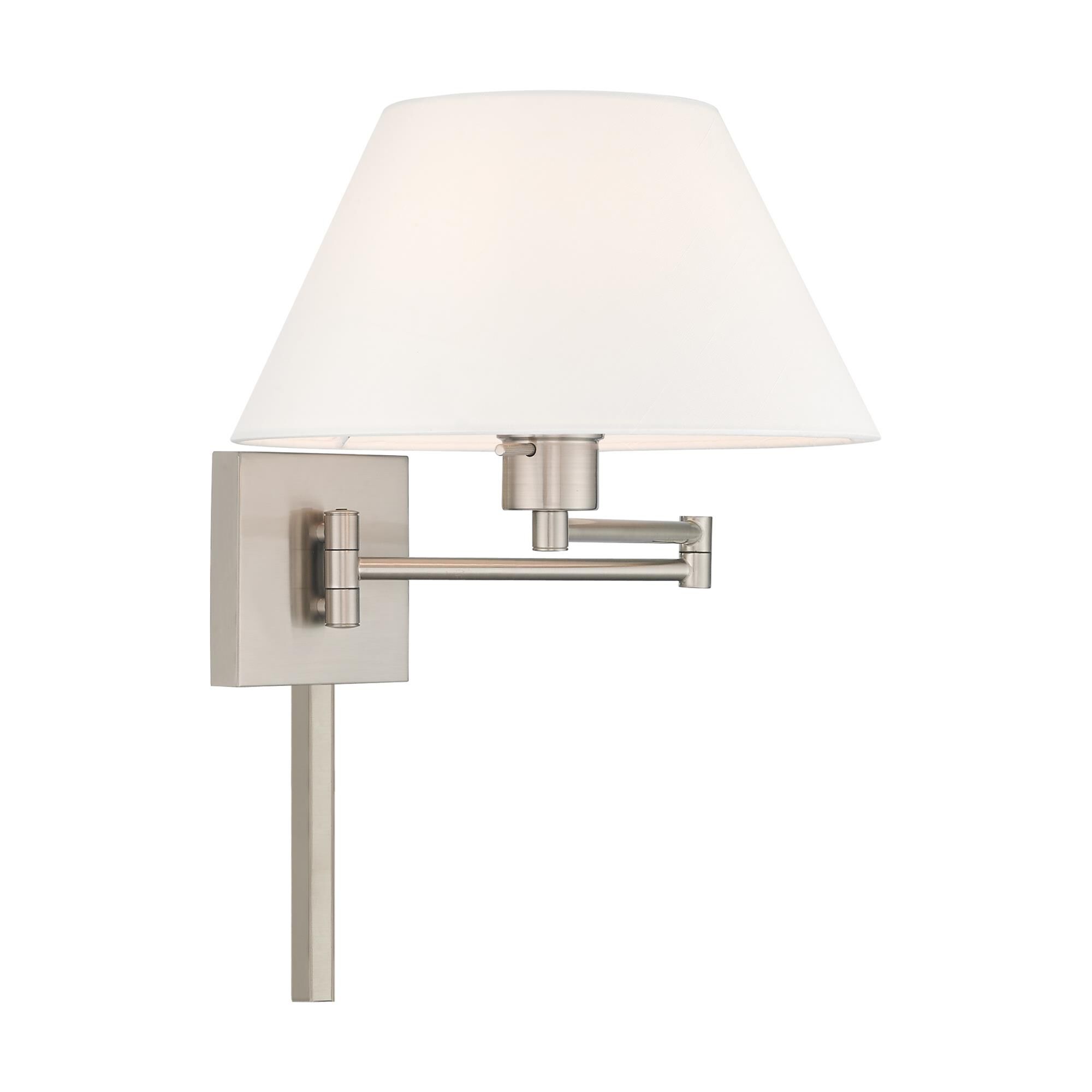 Shown in Brushed Nickel finish and Hand Crafted Off-White Fabric Hardback shade