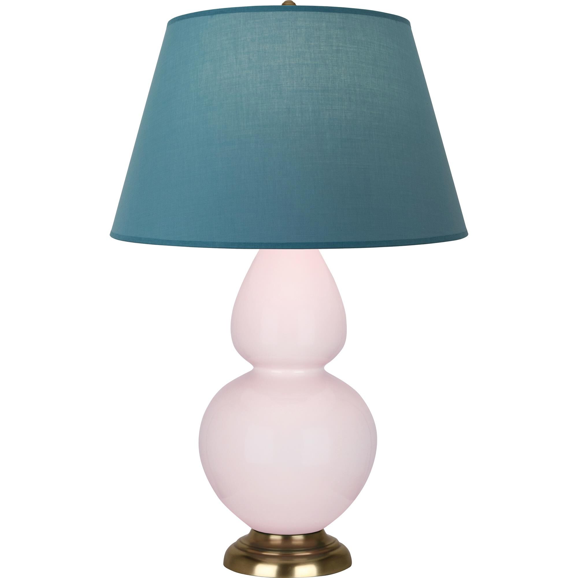 Shown in Rose Water Glazed finish and Bright Blue with Gray Lining shade and Antique Brass accent