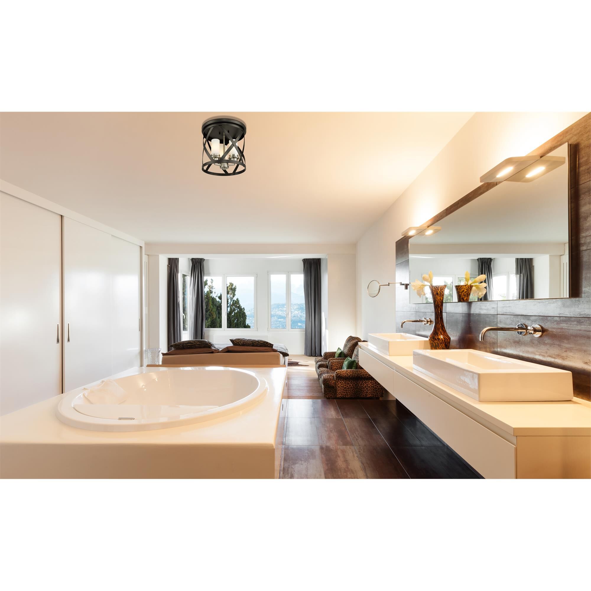 Shown in Matte Black + Olde Brass finish and Glass shade