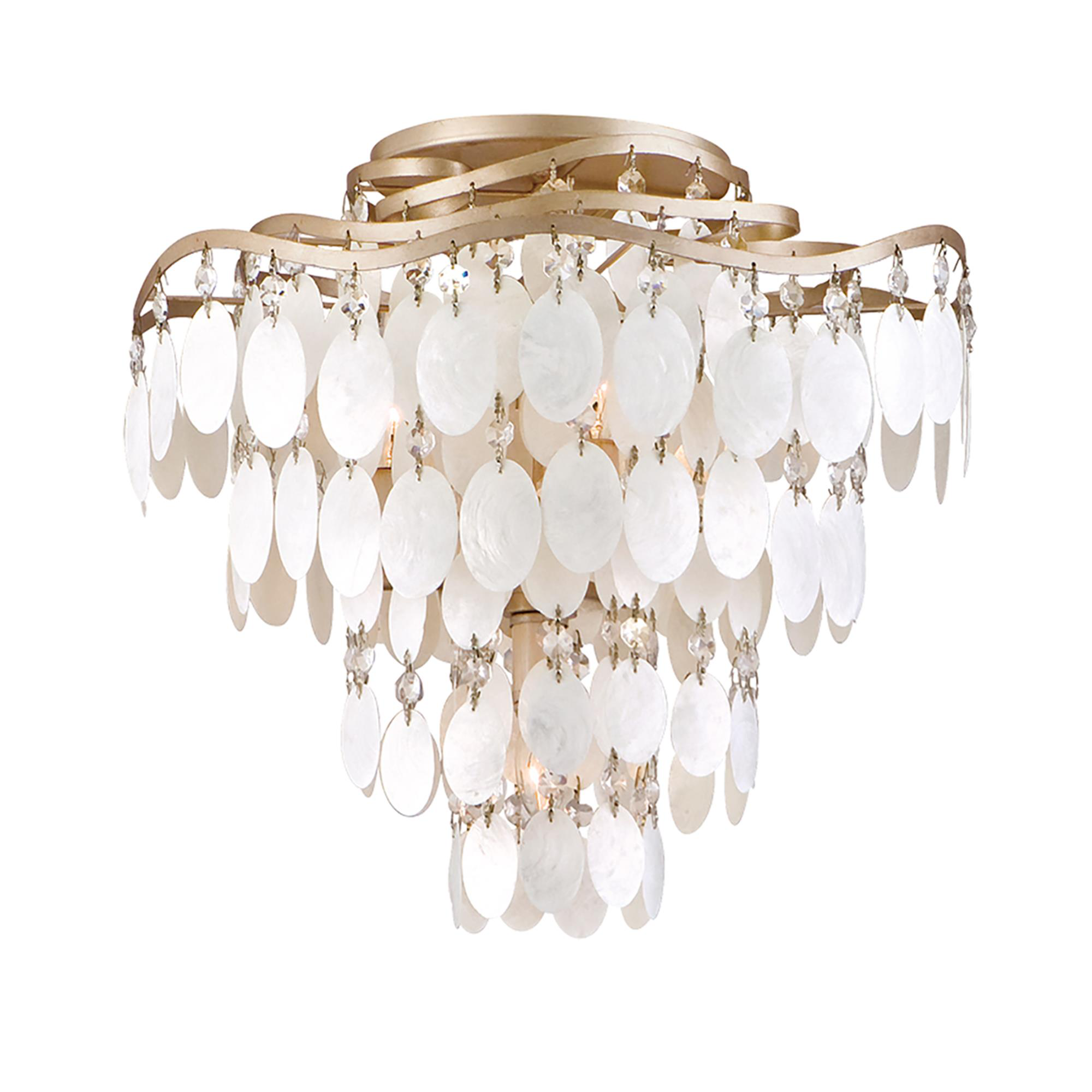 Shown in Champagne Leaf finish and Capiz, Clear glass and Capiz Shell, Crystal shade