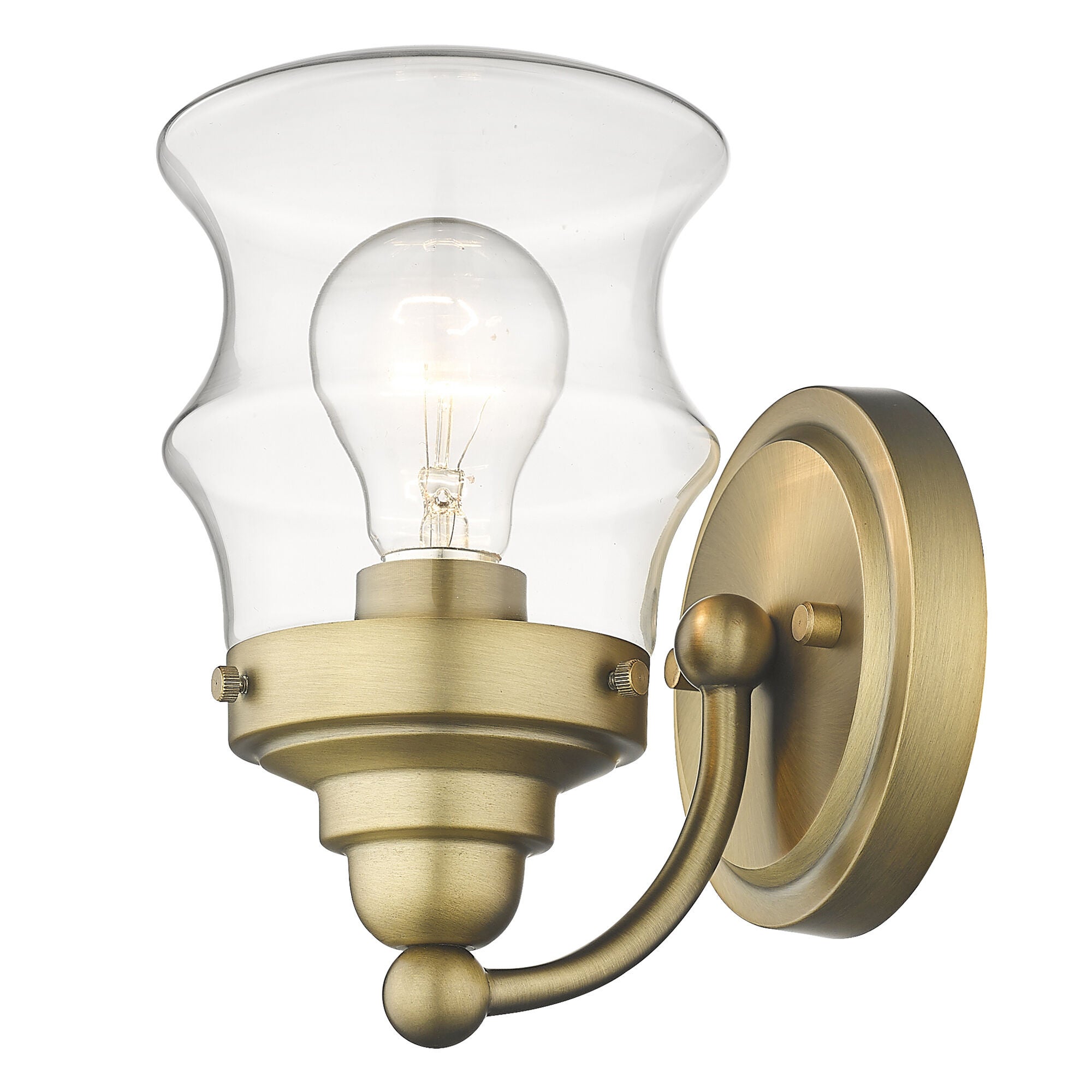 Shown in Antique Brass finish and Clear Glass shade