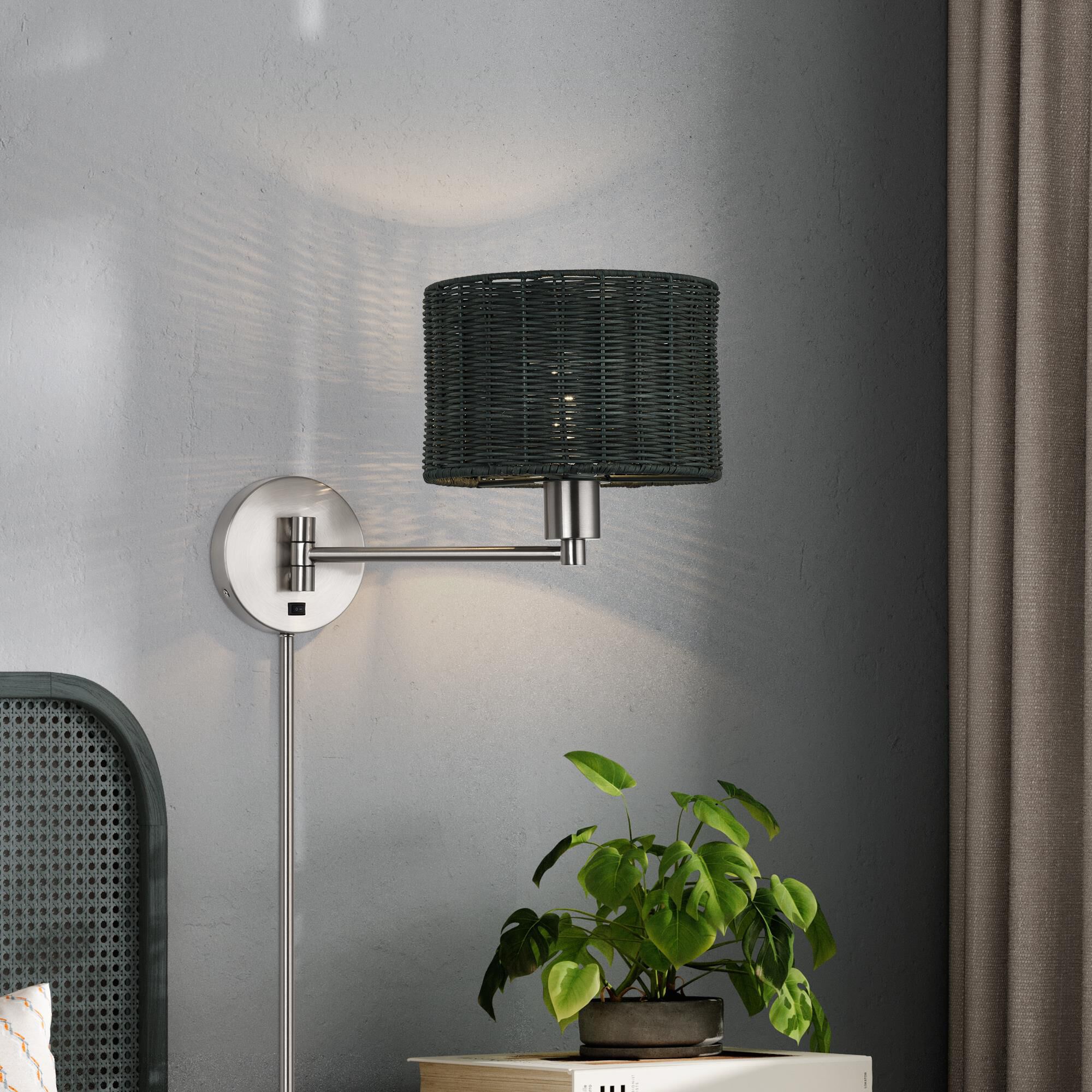 Shown in Brushed Nickel finish and Hand-Woven Charred Gray Color Rattan shade