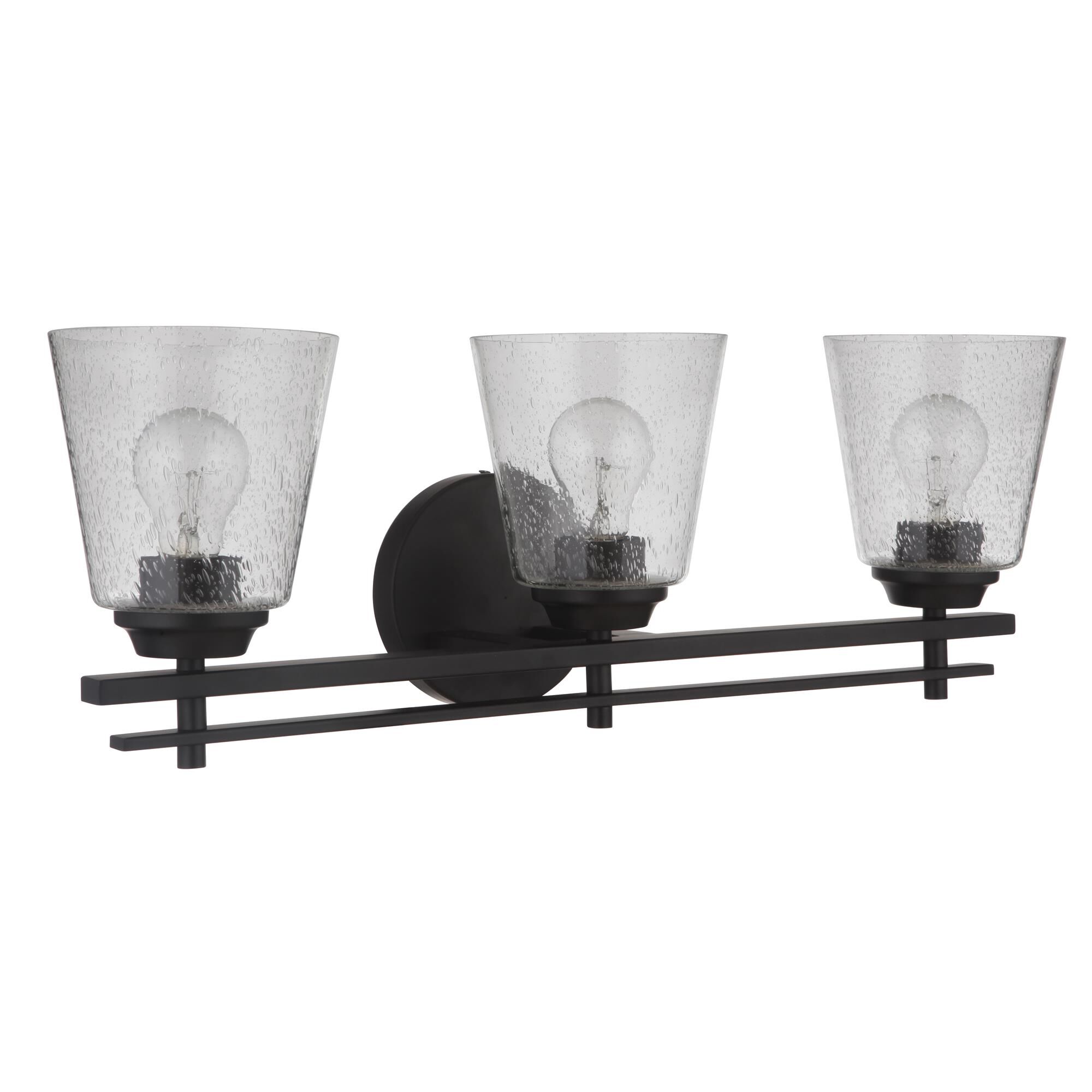 Shown in Flat Black finish and Clear Seeded glass and Glass shade
