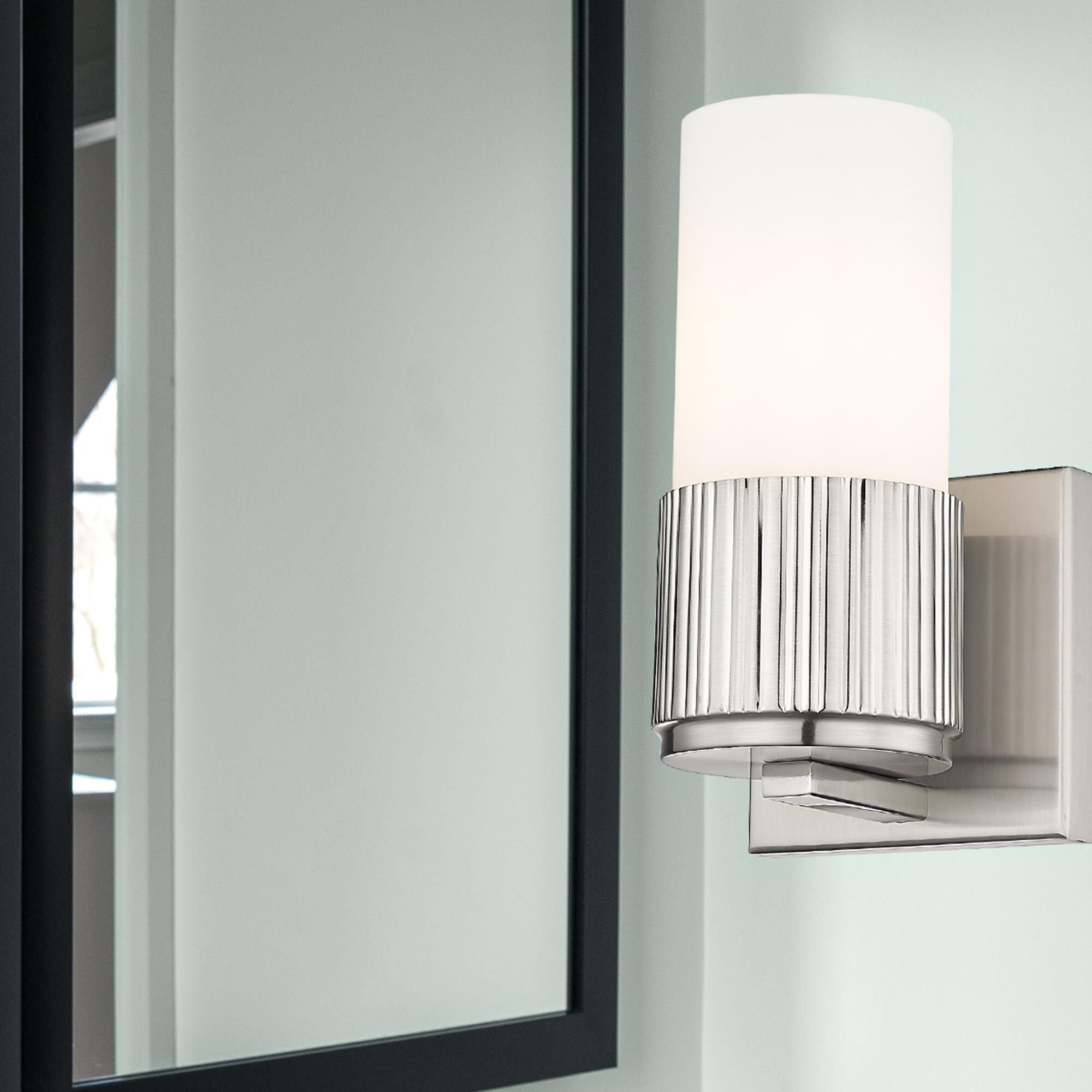 Shown in Satin Nickel finish and Matte White glass