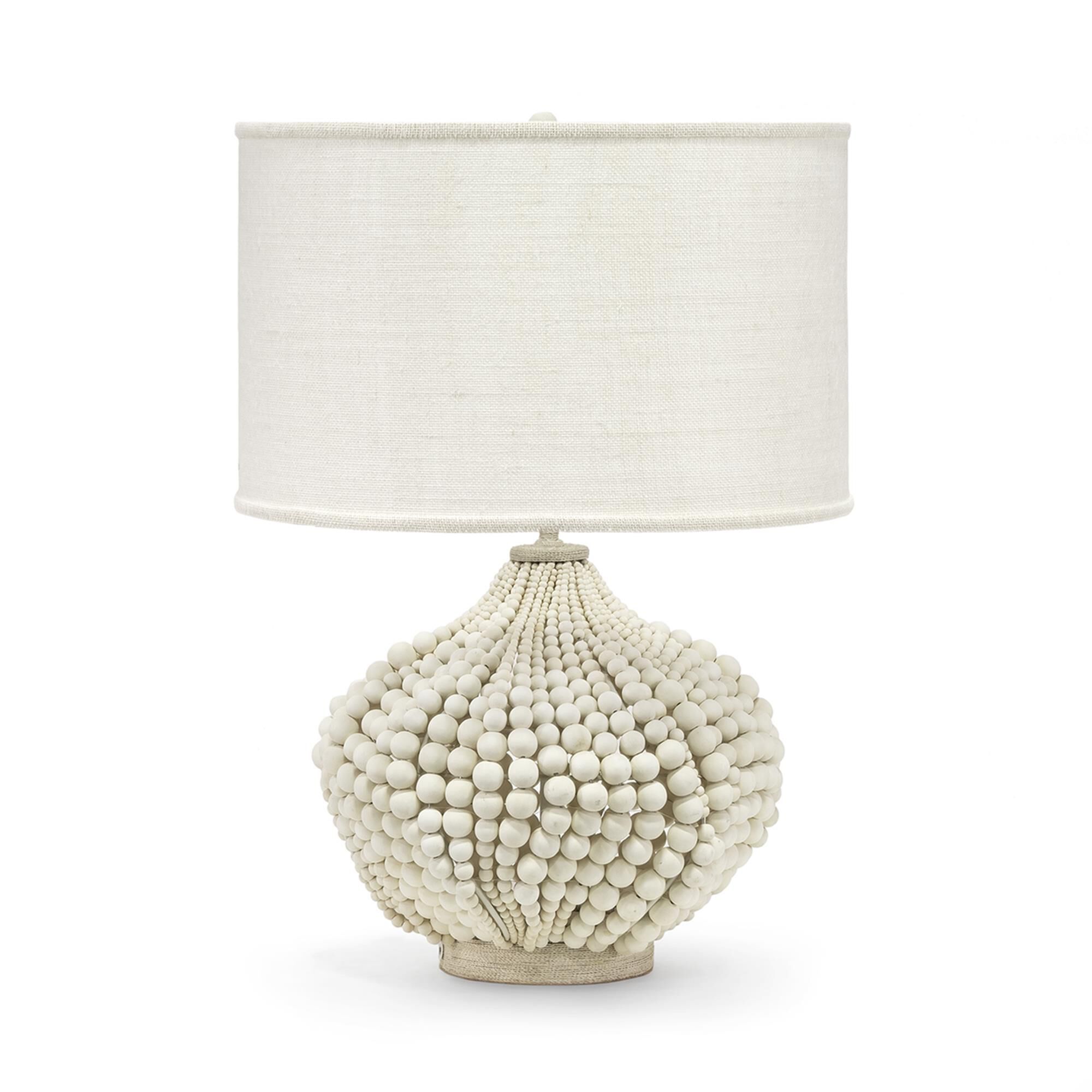 Shown in White Wood  finish and Cream Burlap shade