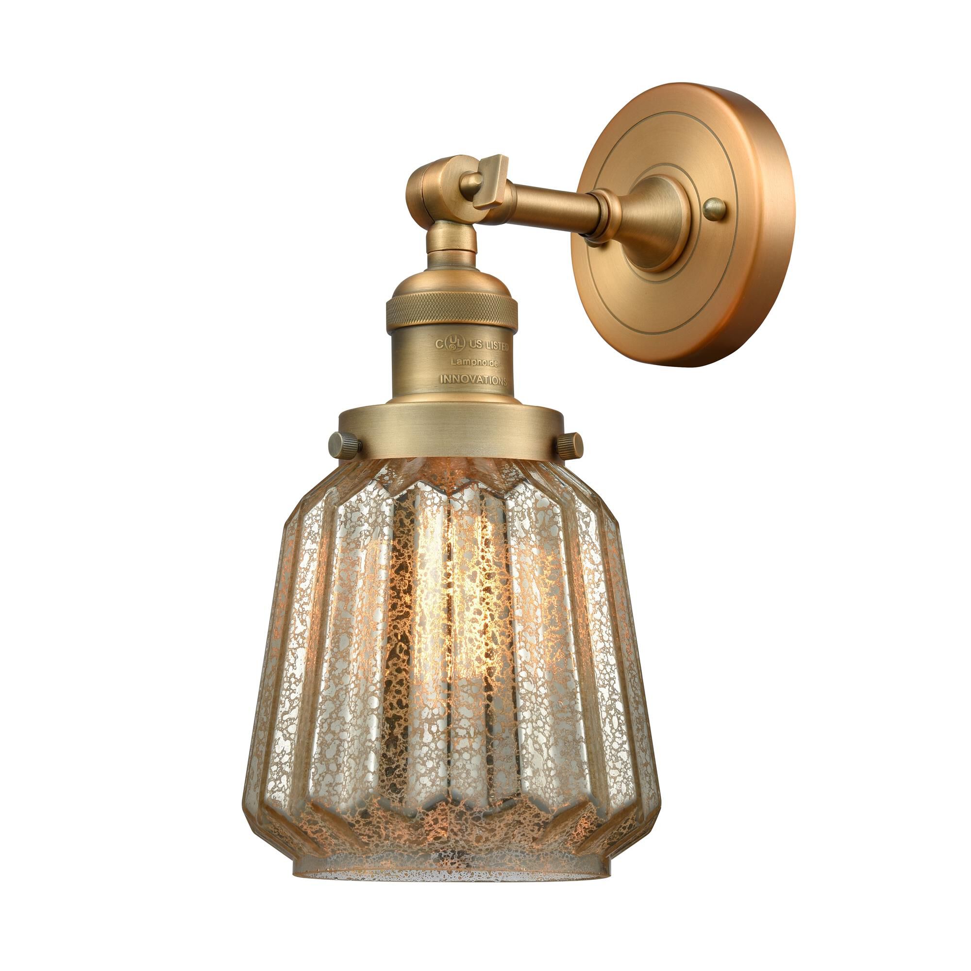 Shown in Brushed Brass finish and Mercury Fluted glass