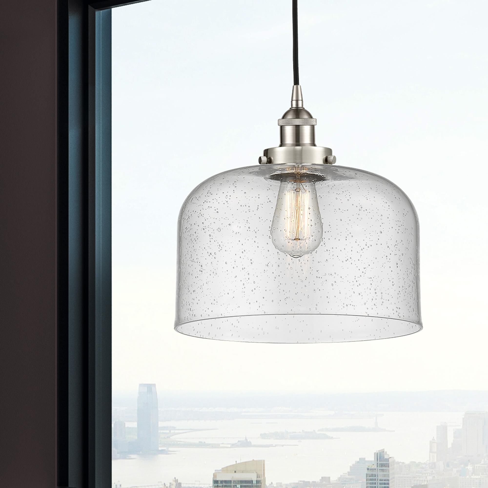 Shown in Brushed Satin Nickel finish and Seedy X-Large Bell glass