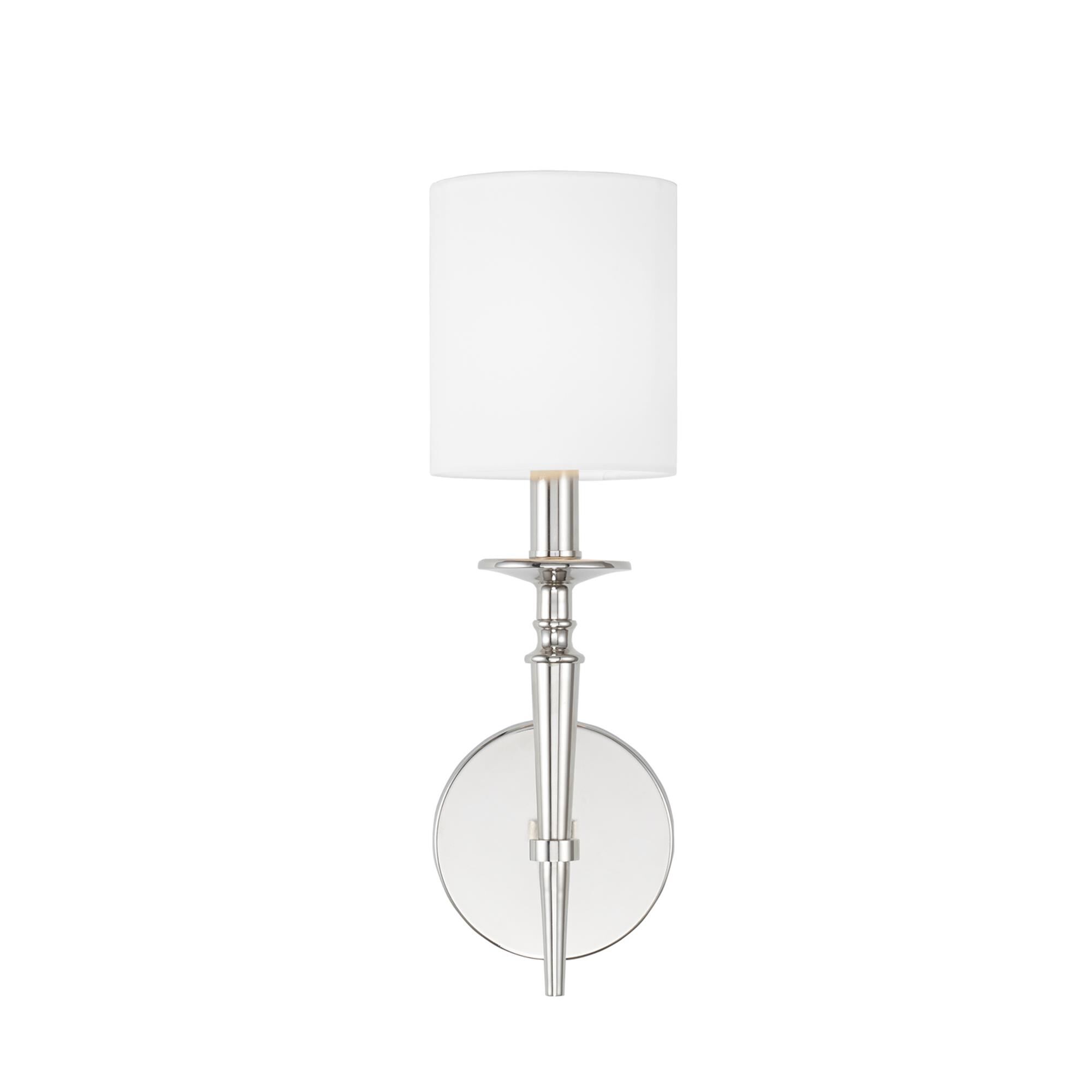 Shown in Polished Nickel finish and 701 glass and White Fabric Stay-Straight shade