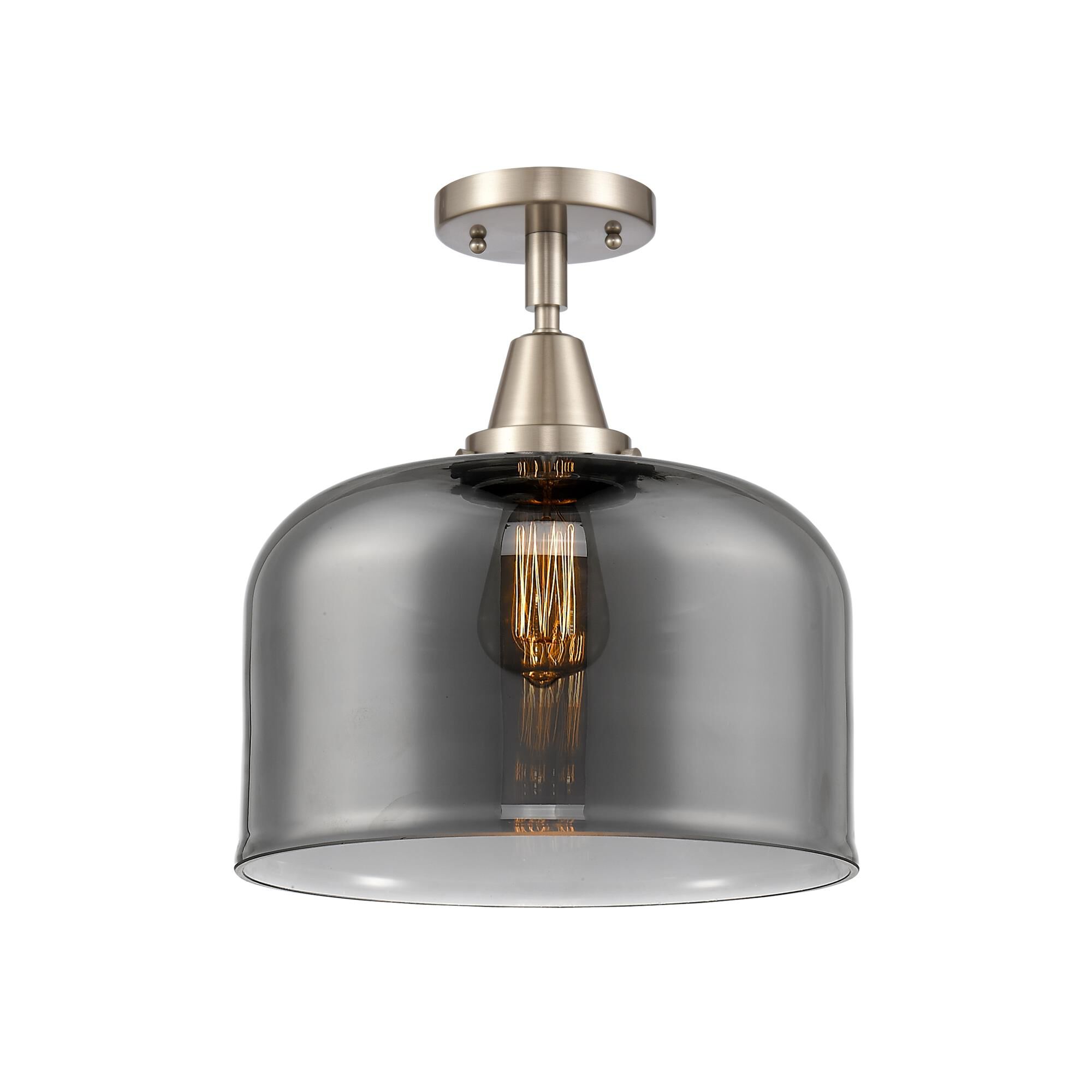 Shown in Brushed Satin Nickel finish and Plated Smoke X-Large Bell glass