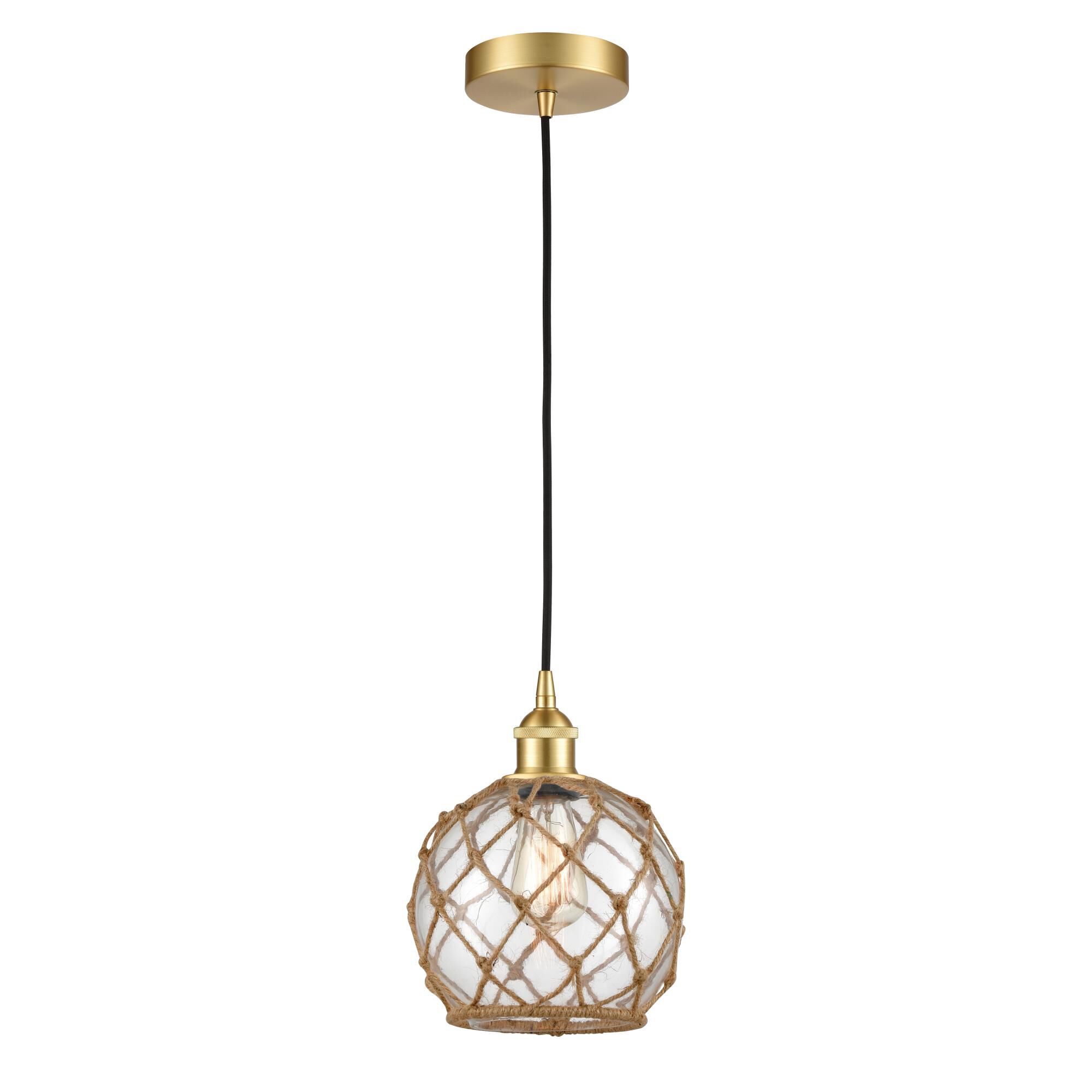 Shown in Satin Gold finish and Clear Farmhouse With Brown Rope glass
